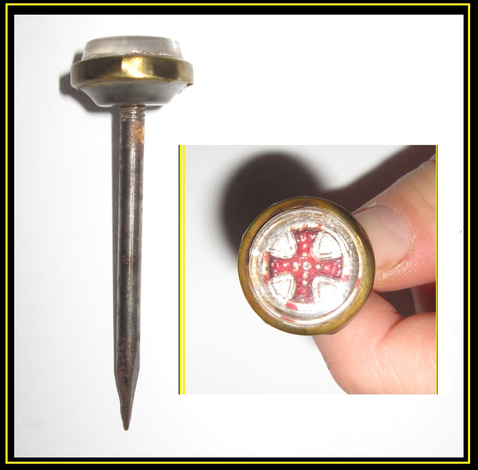 Victorian Sulfide Glass W/Red Maltese Cross Picture Nail Spike Templar Freemason