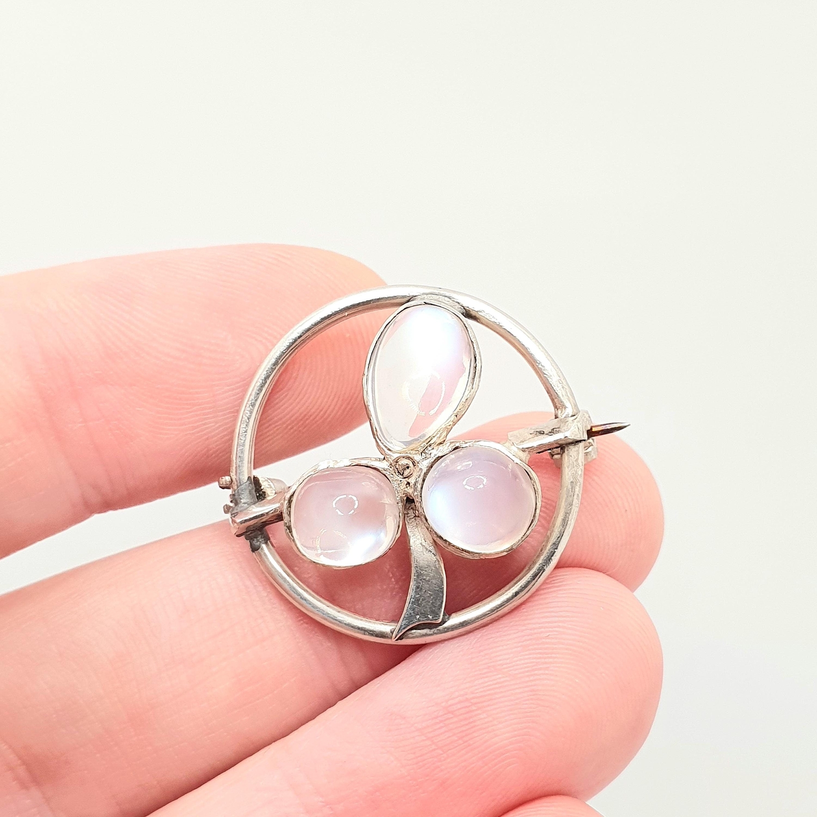 Antique Solid Silver Moonstone Clover Brooch Victorian Three Leaf Clover Irish