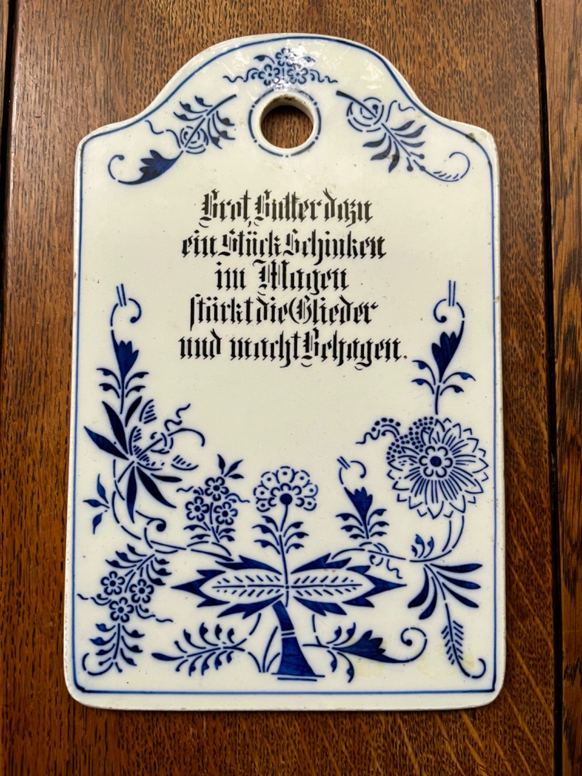 Antique Flow Blue Onion Germany Porcelain Cheese Board Trivet w/Charming Saying