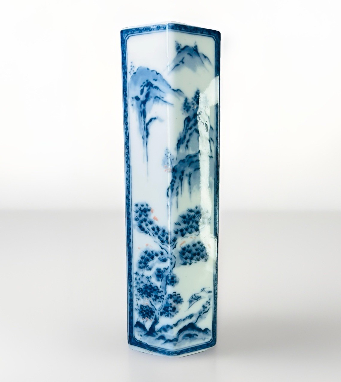 Vintage Chinese Hexagonal Blue & White Willow Hand Pained Vase Marks To Base
