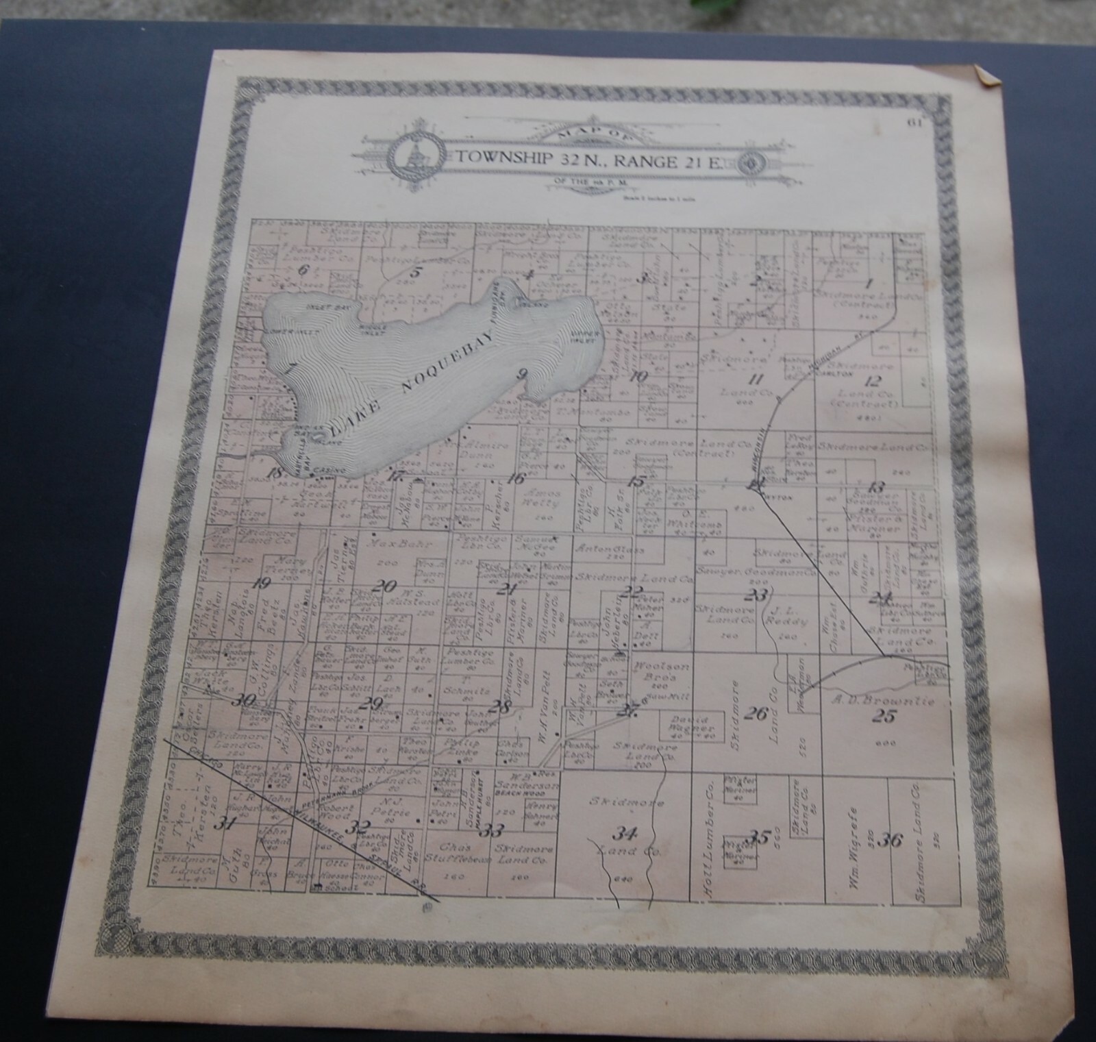 1912 Platt Map of Marinette County WI T 32N R 21E & 32N R21E Lake Noqueby