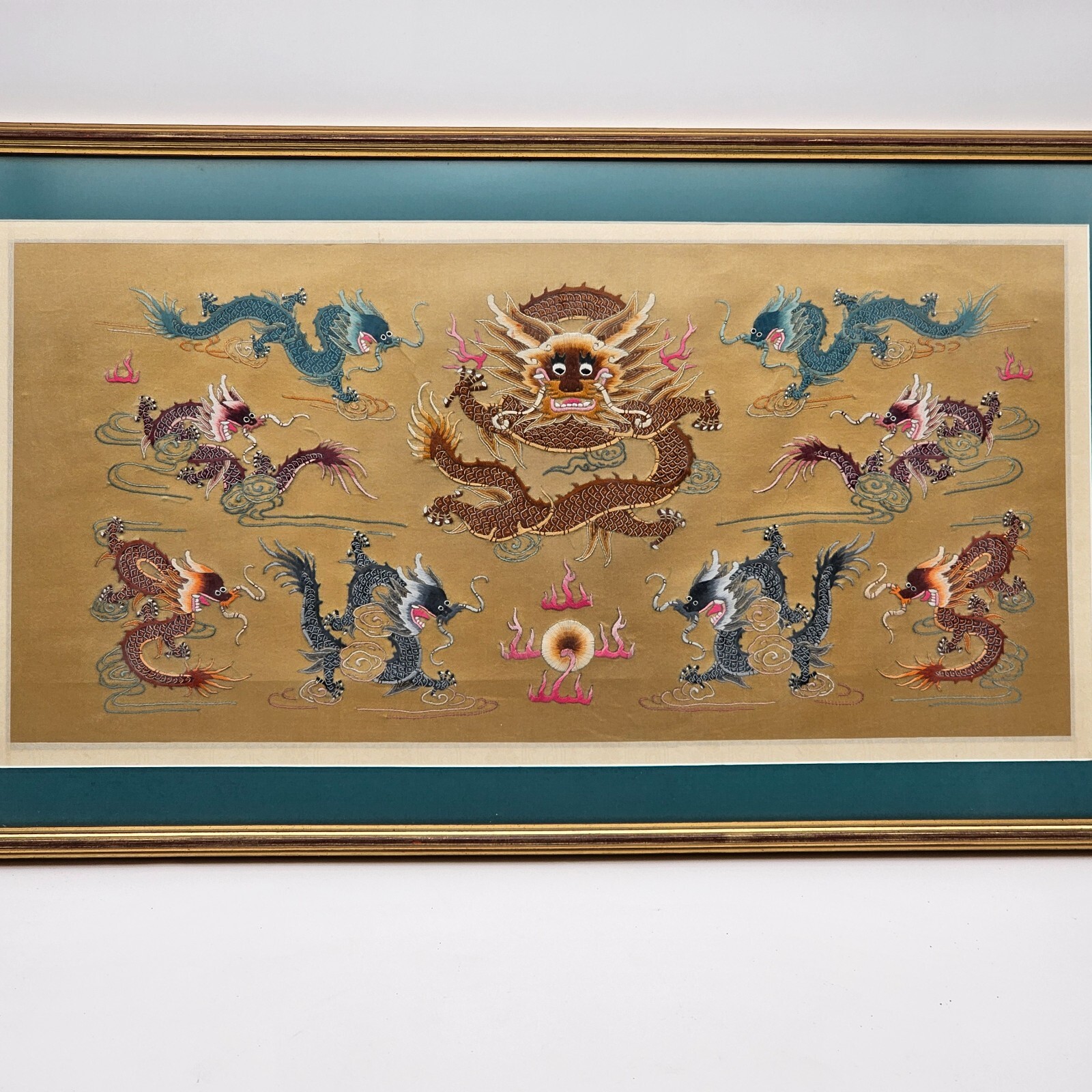Pearl & Dragons Embroidered Silk Asian Antique Wall Hanging Framed 27″ x 15″