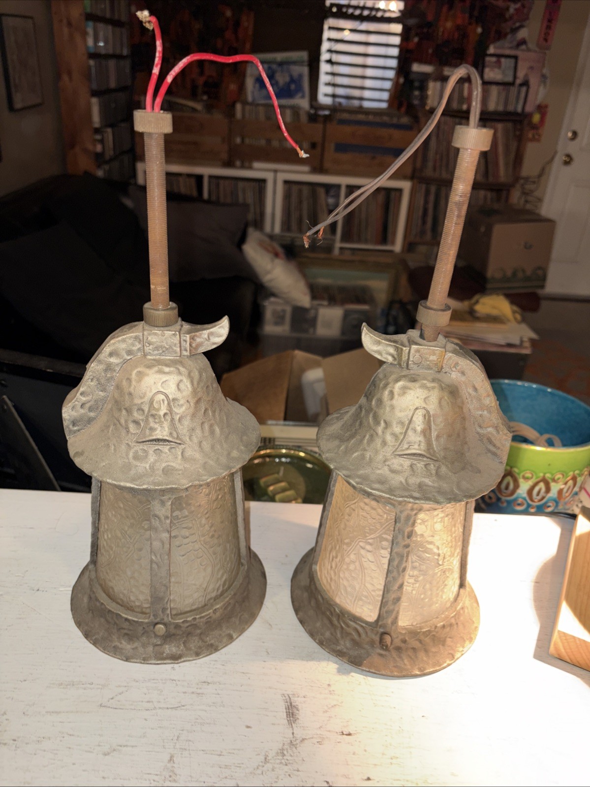 Vintage Arts & Crafts Cast Aluminum Inside/Outside Pendant Lights W/Glass Shades