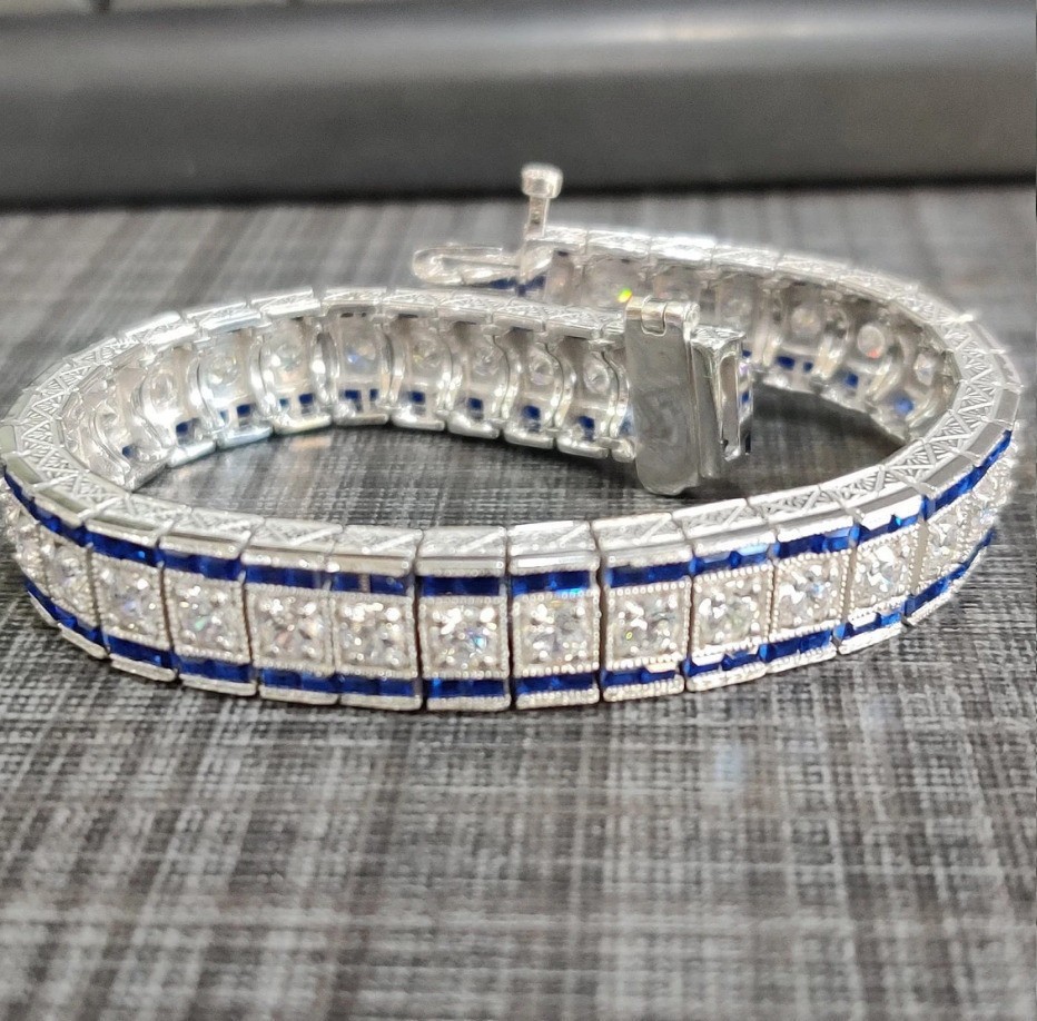 14CT Princess Lab-Created 14K White Gold Finish Sapphire Men’s Tennis Bracelet