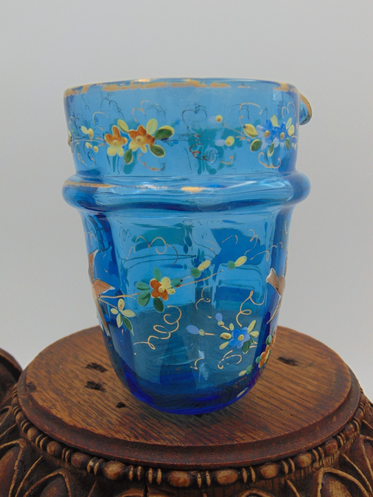Antique Victorian Blue Topaz Hand Painted Floral Birds Art Glass Creamer Beaker