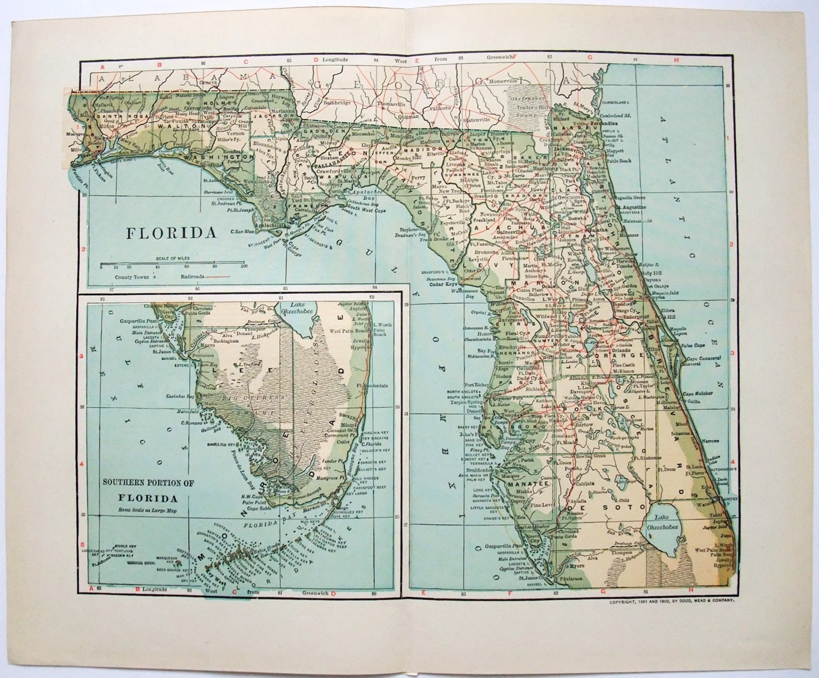 Florida – Original 1902 Dated Map by Dodd Mead & Company. Antique