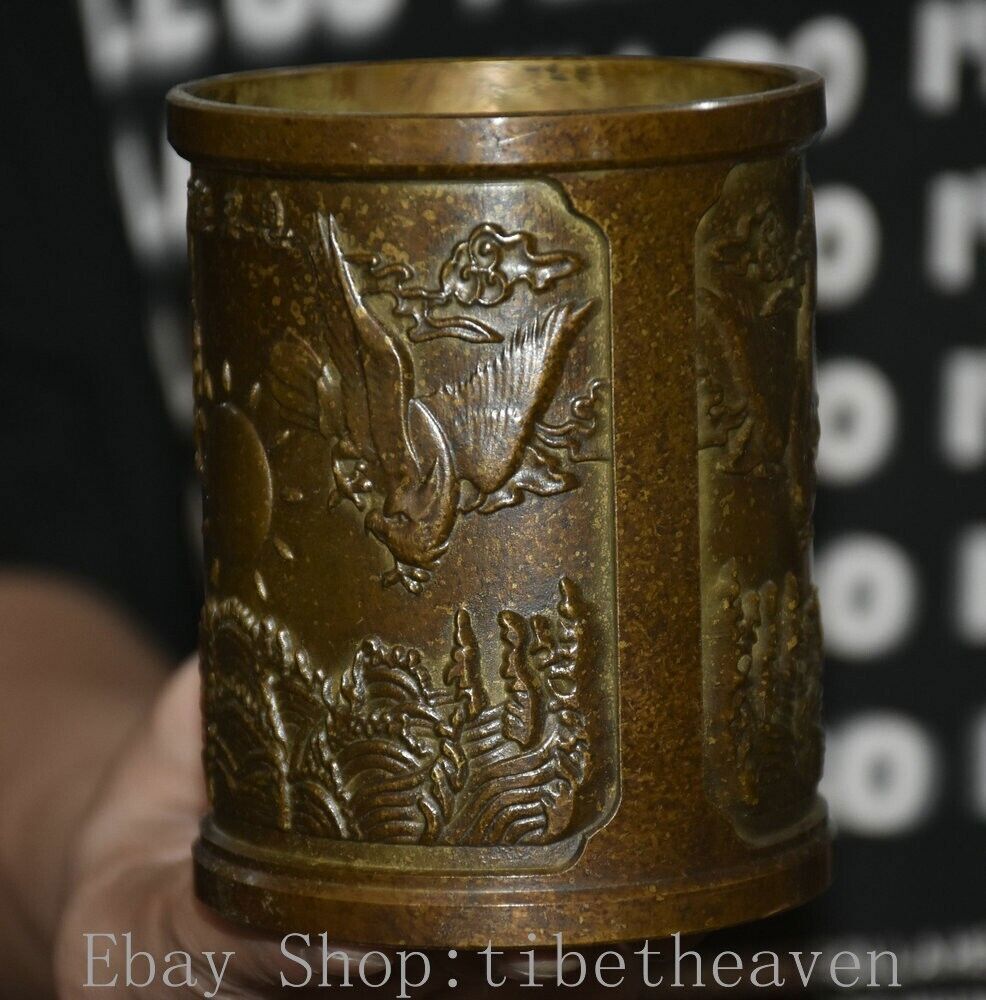 4″ Marked Old Chinese Copper Palace Hawk Eagle Pen Container Pen Container