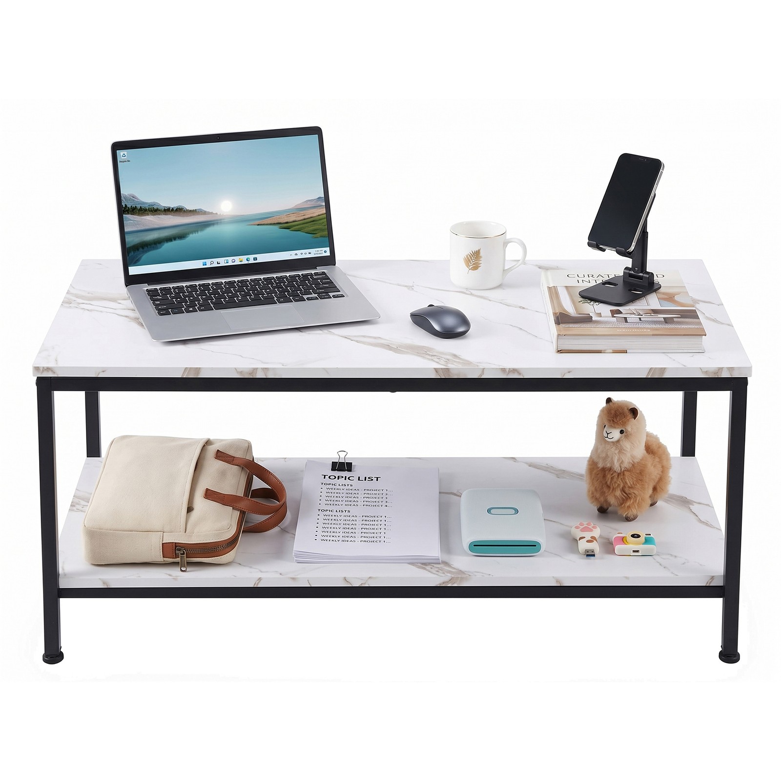 White Coffee Table 2-Tier Rectangle Industrial Wood Coffee Table w/Storage Shelf