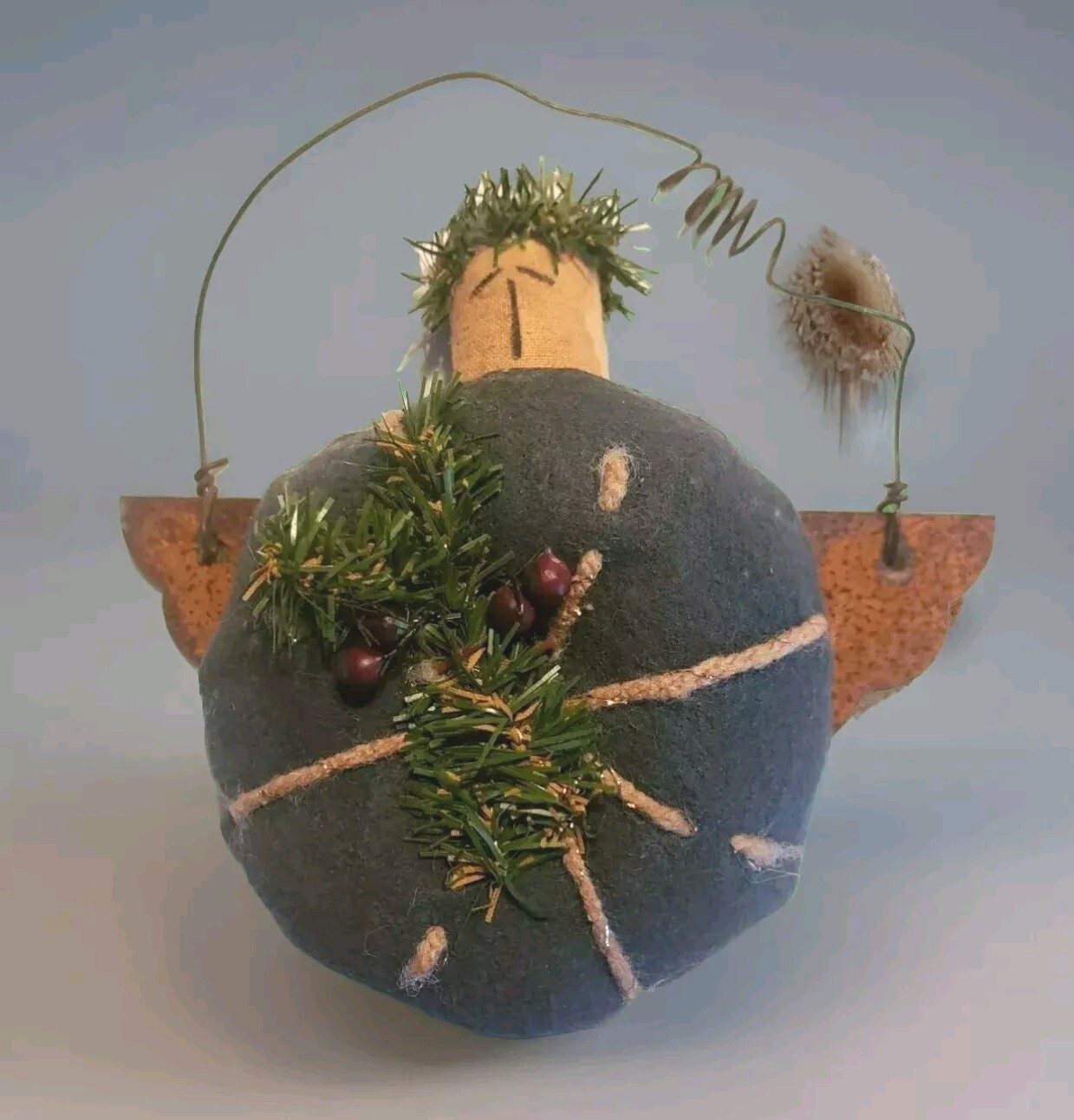 Primitive Folk Art Wood Wire Metal Christmas Ornament Angel Rustic 6.5″ x 4.5″