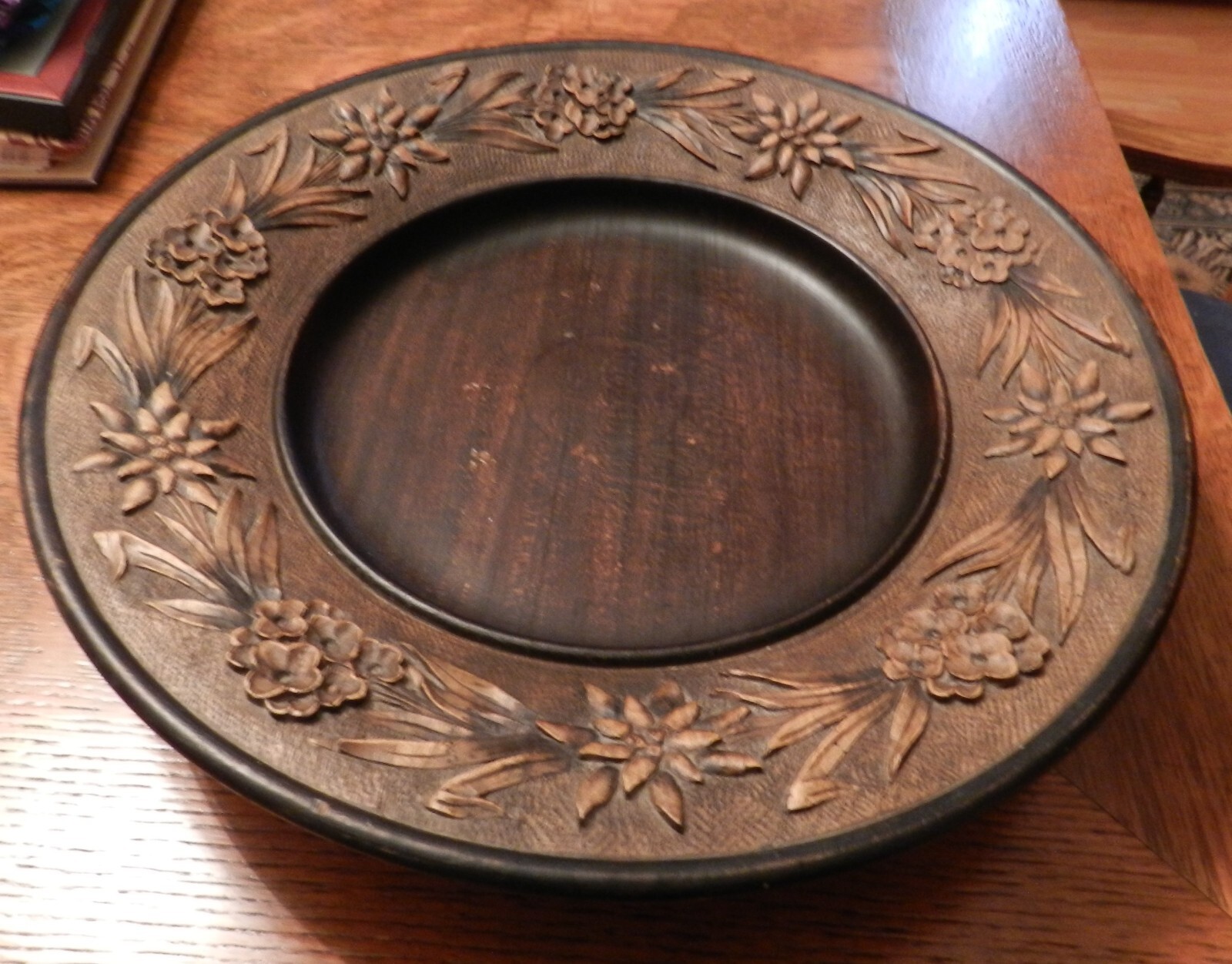 Stunning Large Antique Hand-Carved Bowl w/Detailed Flowers & Sheaves – 14″ x 3″ 