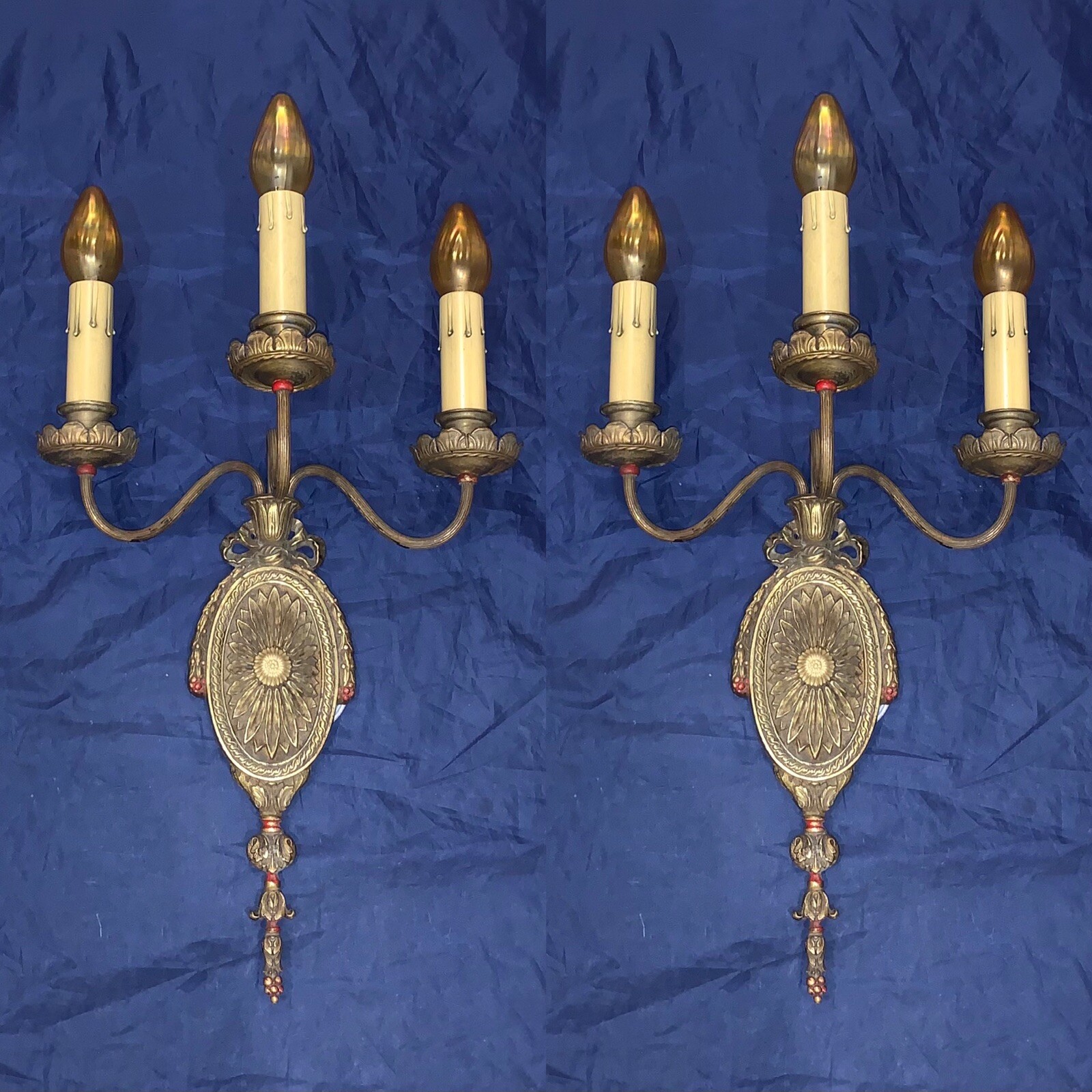 RARE pair Three Arm art nouveau sconces Original Finish Patina Large Fixtures BM