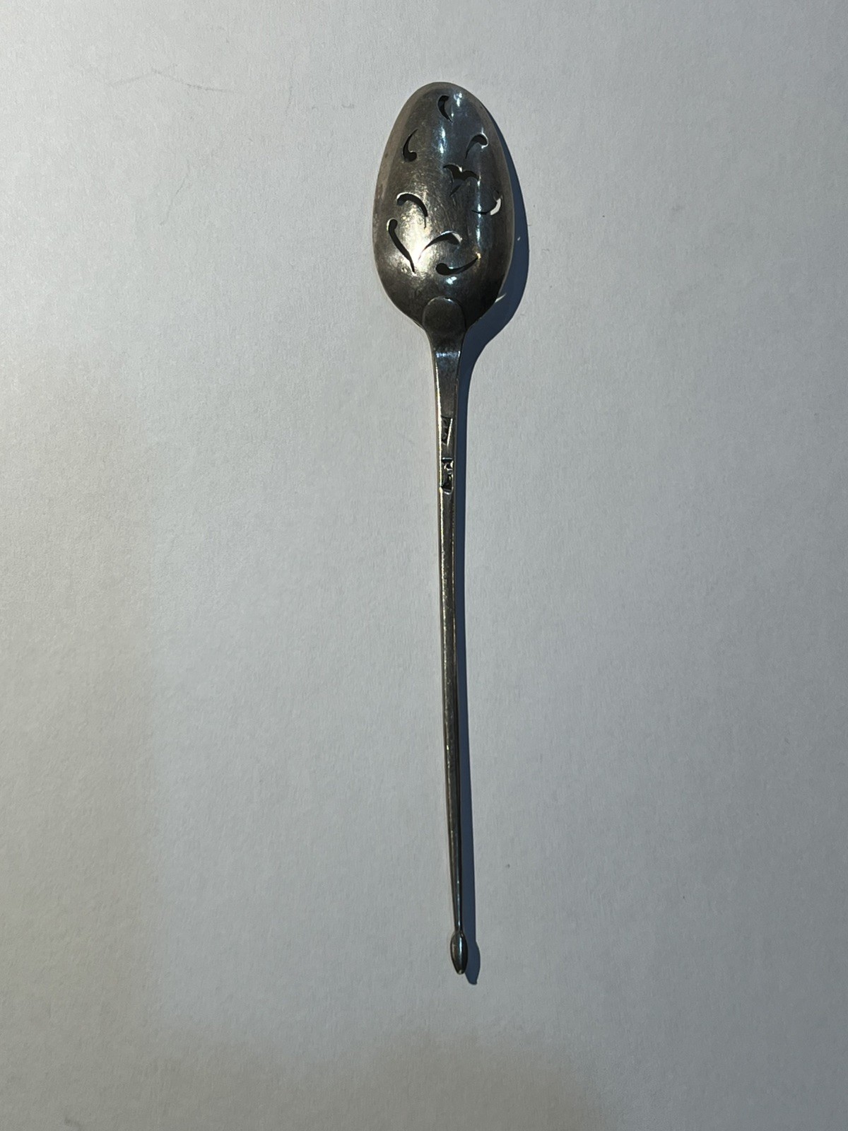 Antique 18thC Solid Silver Mote Spoon Pierced Decoration 14 cm Long Bright Cut