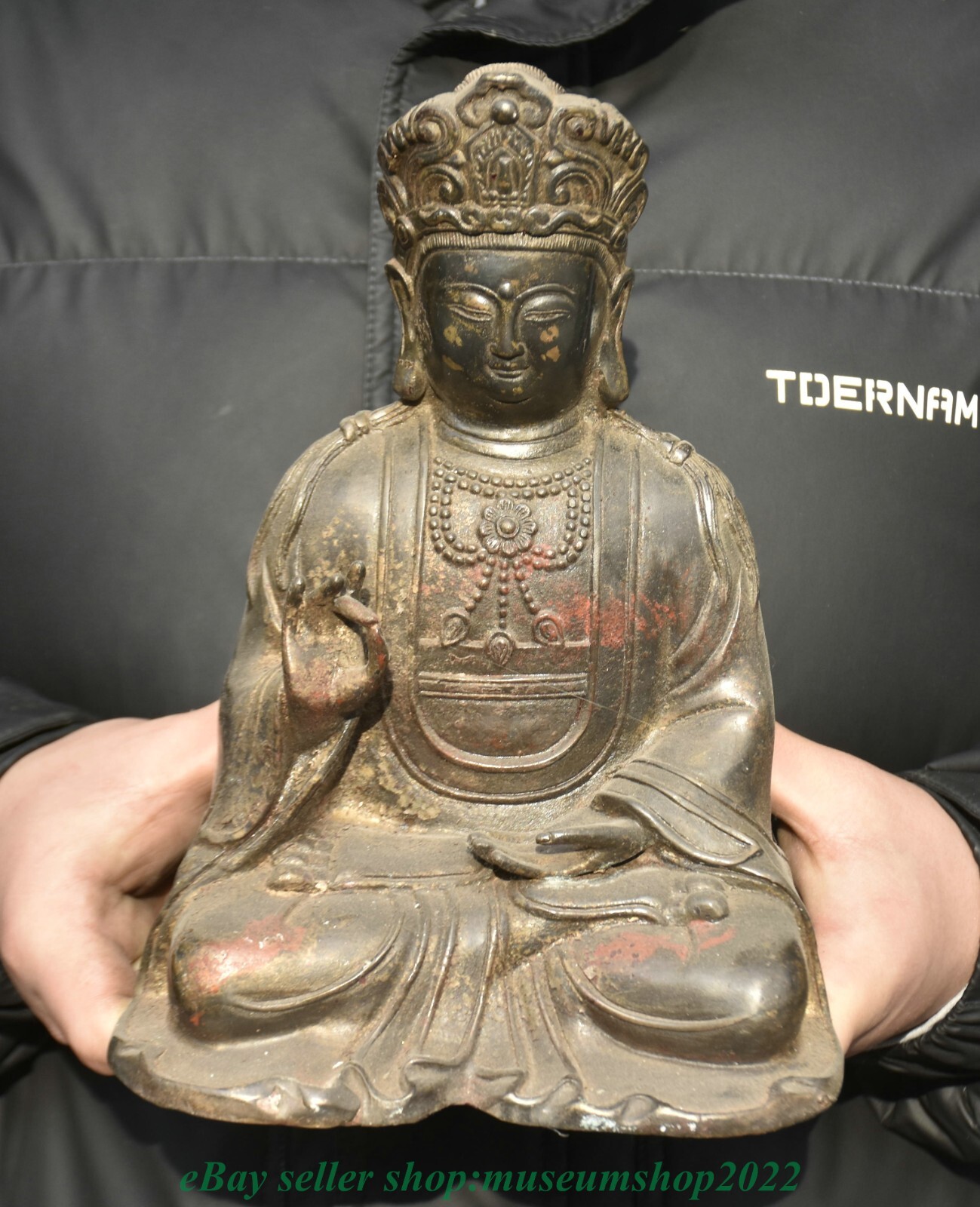 10″ Old Chinese Copper Gilt Buddhism Sit Ksitigarbha Boddhisattva Buddha Statue