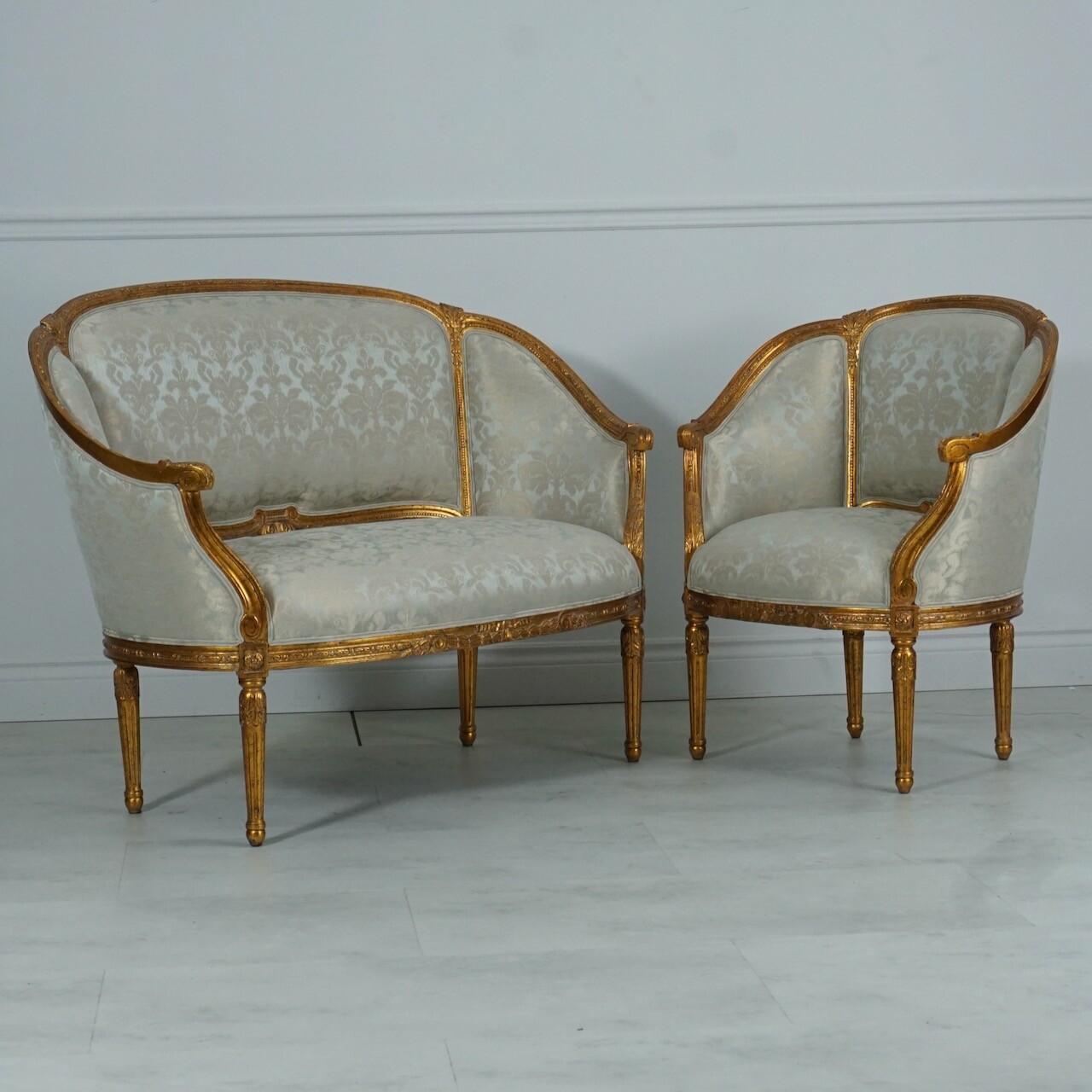 French 2 seater Sofa and 2 chairs with antique gold leaf damask fabric