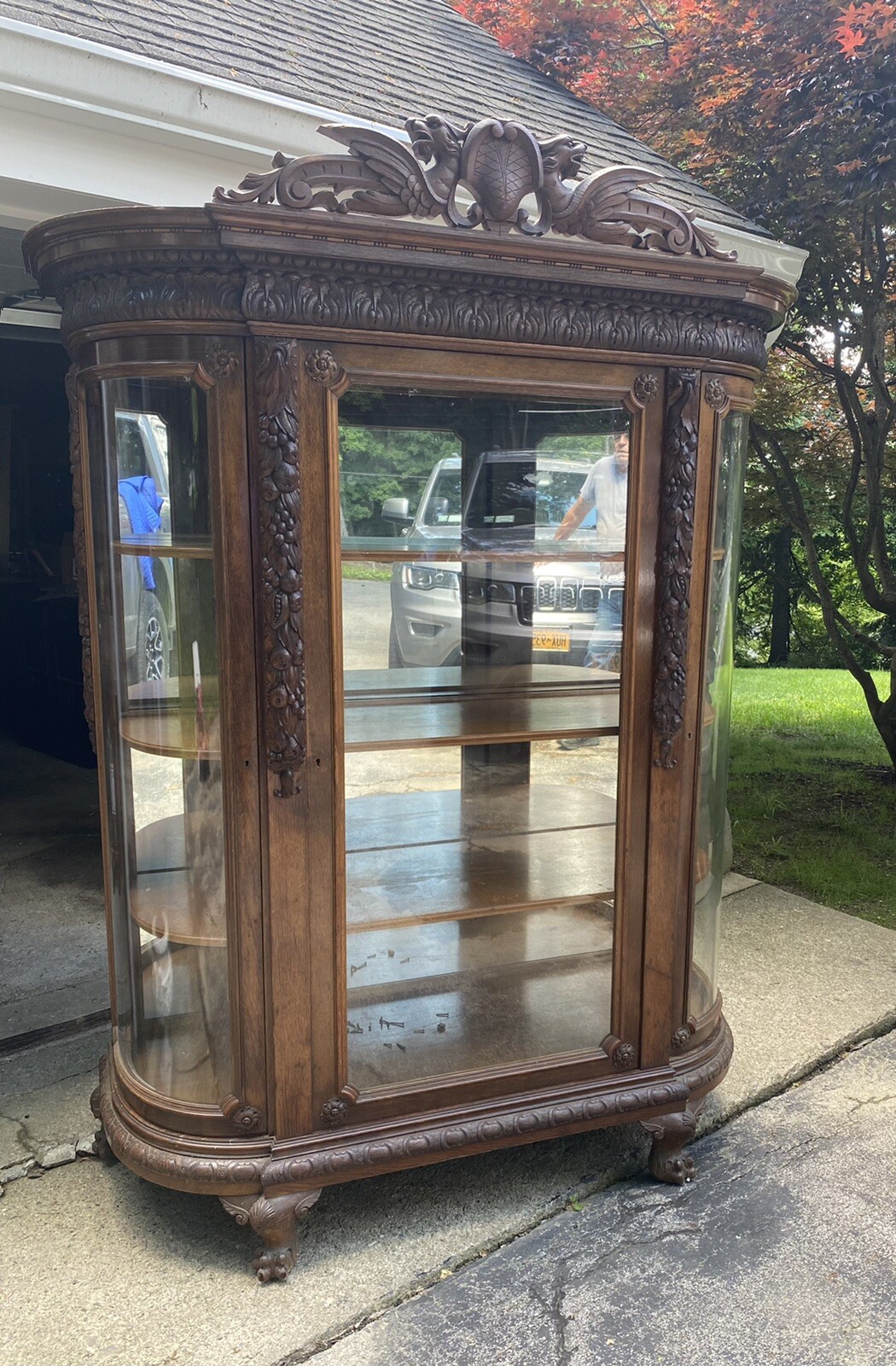 R. J. HORNER OAK 3 DOOR WINGED GRIFFIN CHINA CABINET