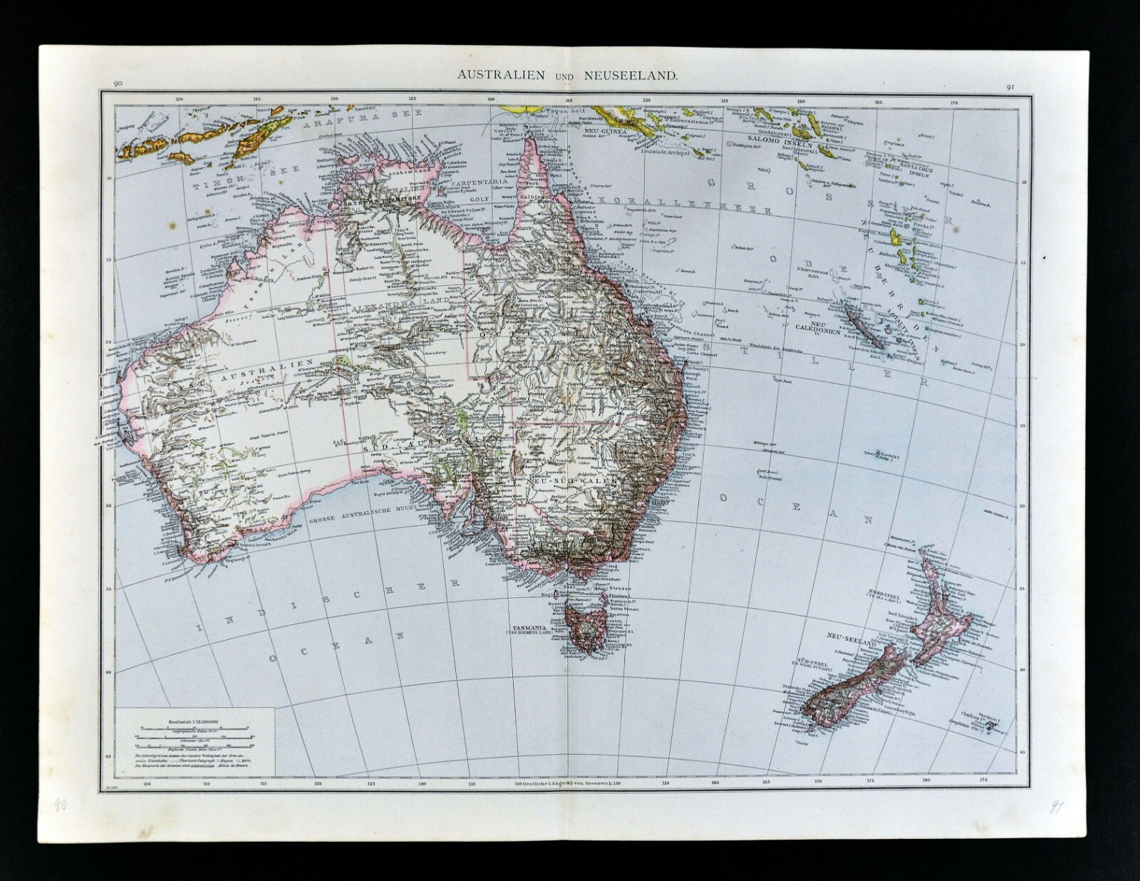 1881 Andrees Map Australia New Zealand Caledonia Oceania Sydney Melbourne Perth