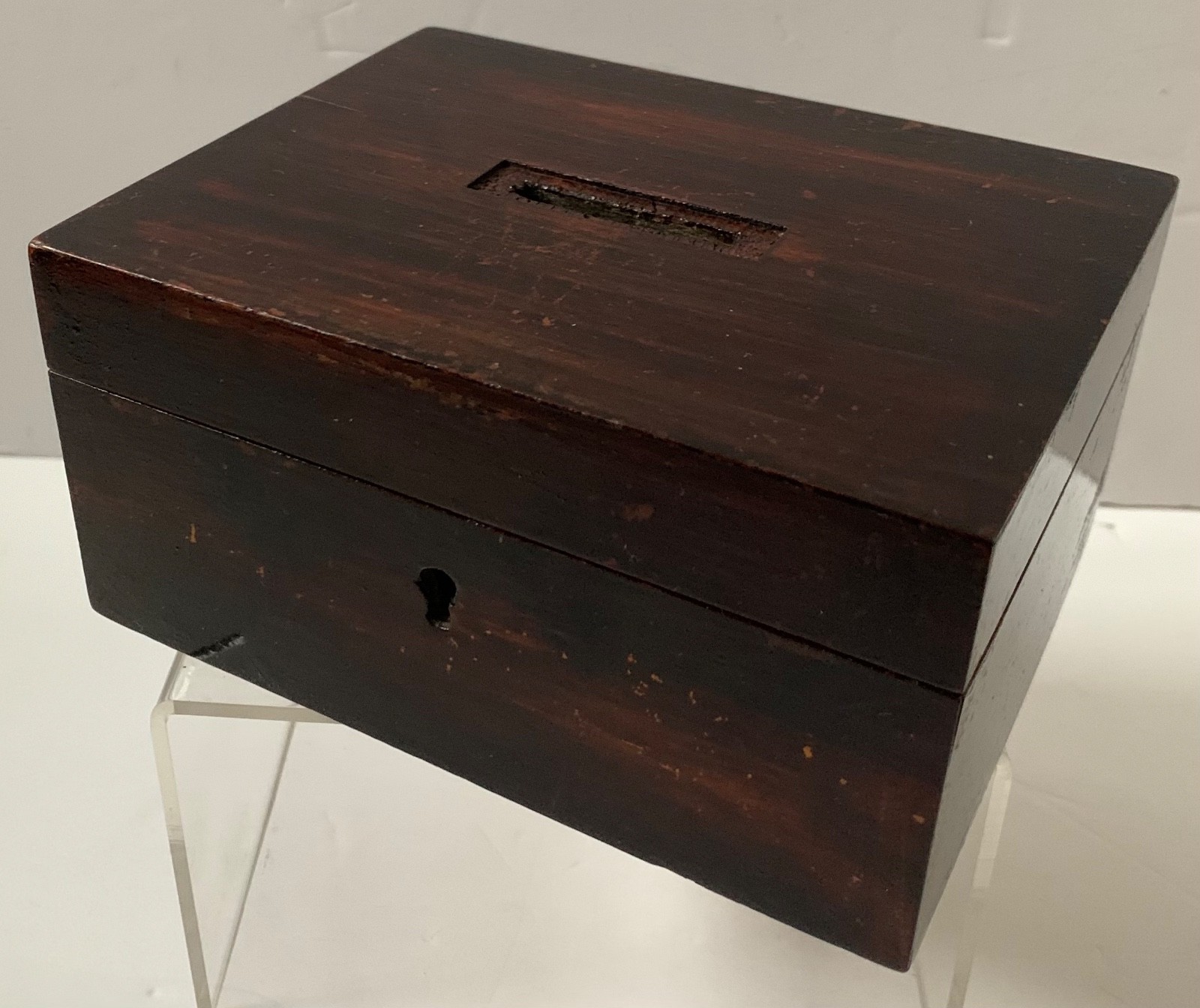 ANTIQUE WOODEN MONEY BOX JEWELLERY TRINKET VINTAGE WOOD SLOT TOP OLD CHEST