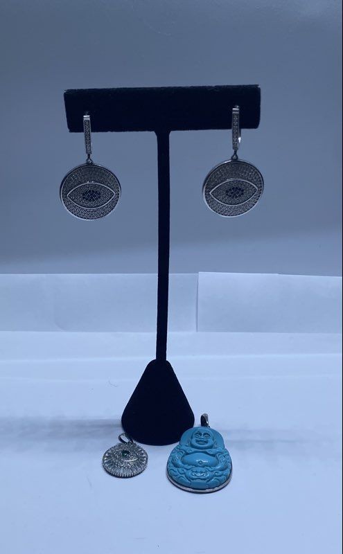 Sterling Silver 925 Evil Eye CZ Earrings Pendants & Turquoise Buddha Lot 18.1g