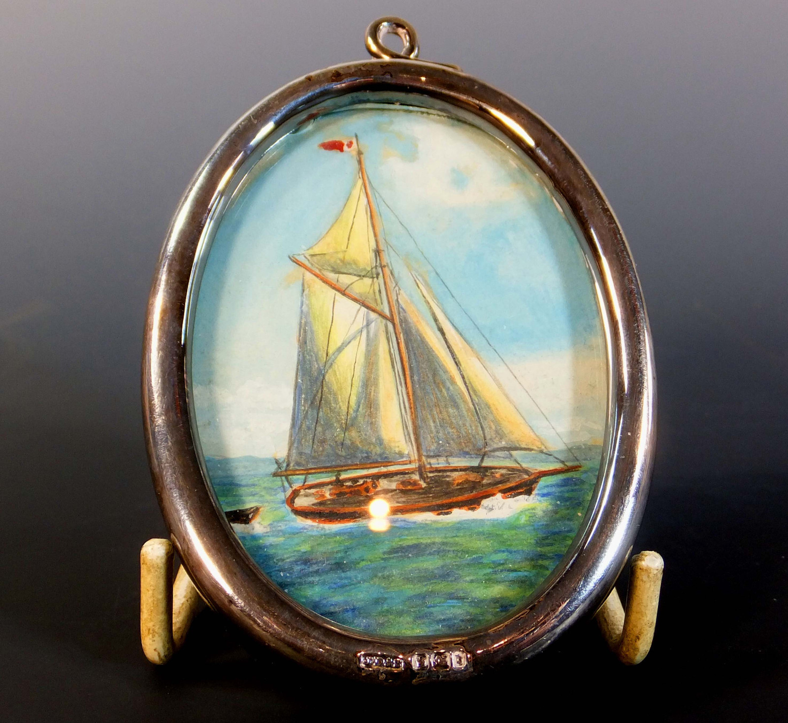 LOVELY HAND PAINTED IMAGE of a YACHT in STERIJNG SILVER FRAME by J DIXON & SONS