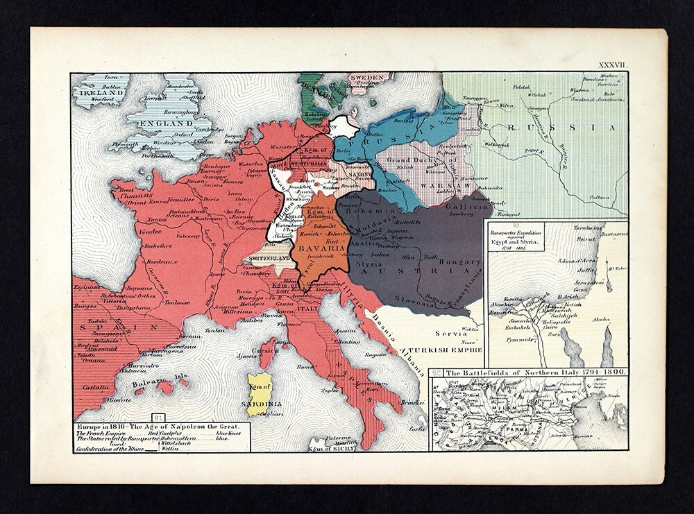 1873 Labberton Map Europe in 1810 Napoleon France Bavaria – N Italy Battlefields