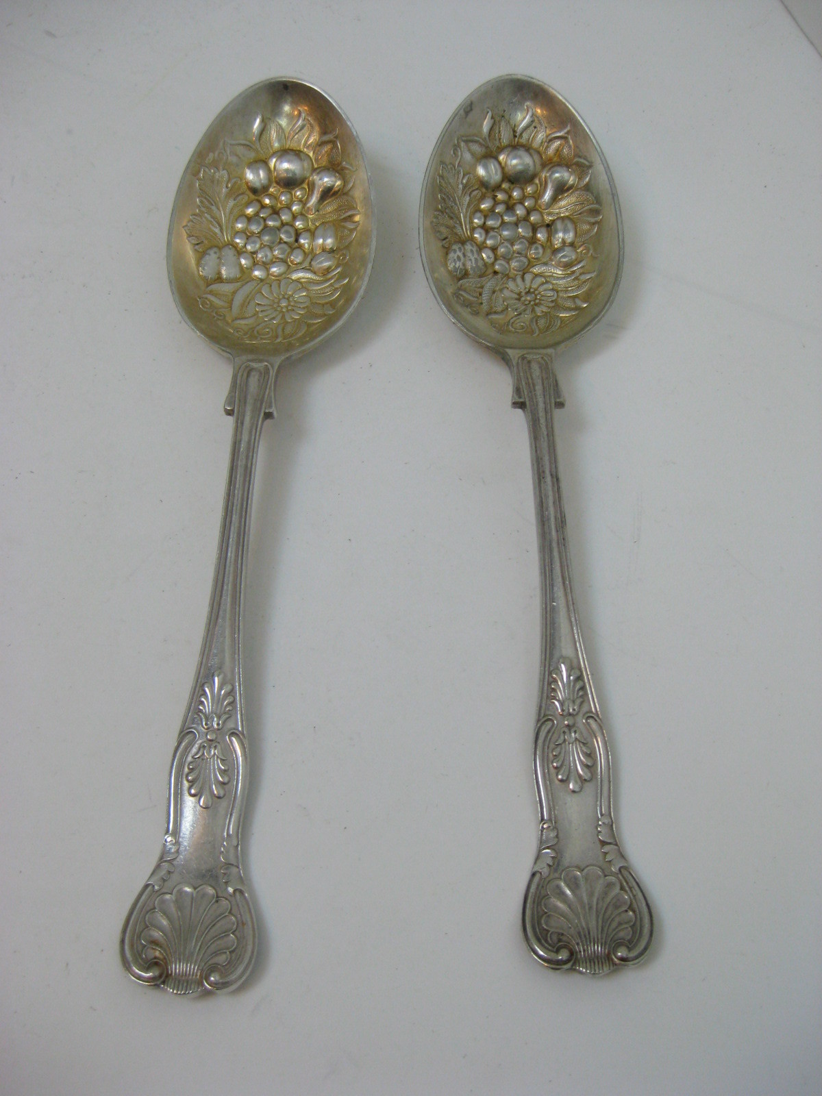 Pair Embossed Silverplate Cheltenham & Co Sheffield England Serving Spoons Fruit