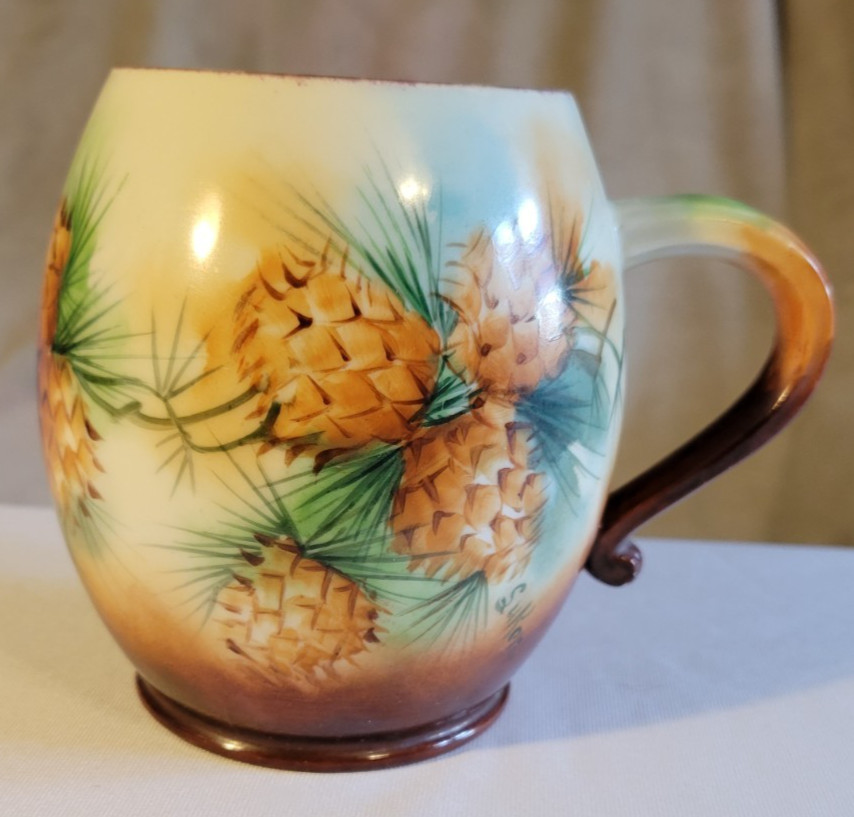 A K FRANCE LIMOGES PORCELAIN CUP MUG HAND PAINTED SIGNED SUKON PINE CONE NEEDLES