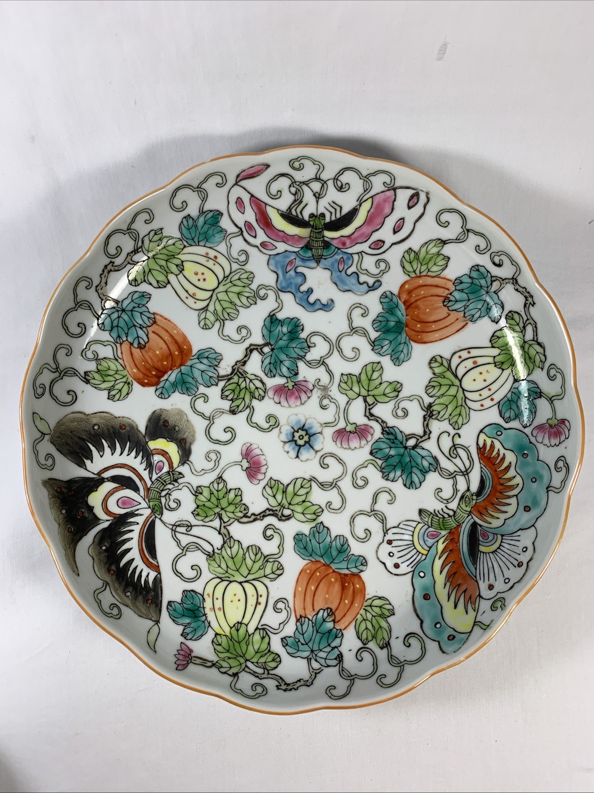 Vintage 19thC Chinese Jia Quin Butterfly Famille Rose Plate, Made In Shanghai