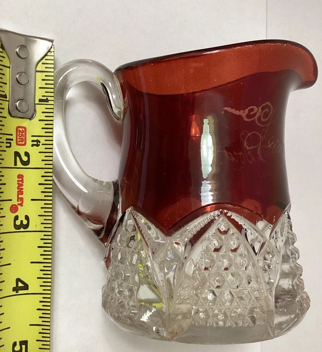 Lancaster Fair NH 1957 & 1908 Ruby Red Flash CUT GLASS 8” Vase & Pitcher