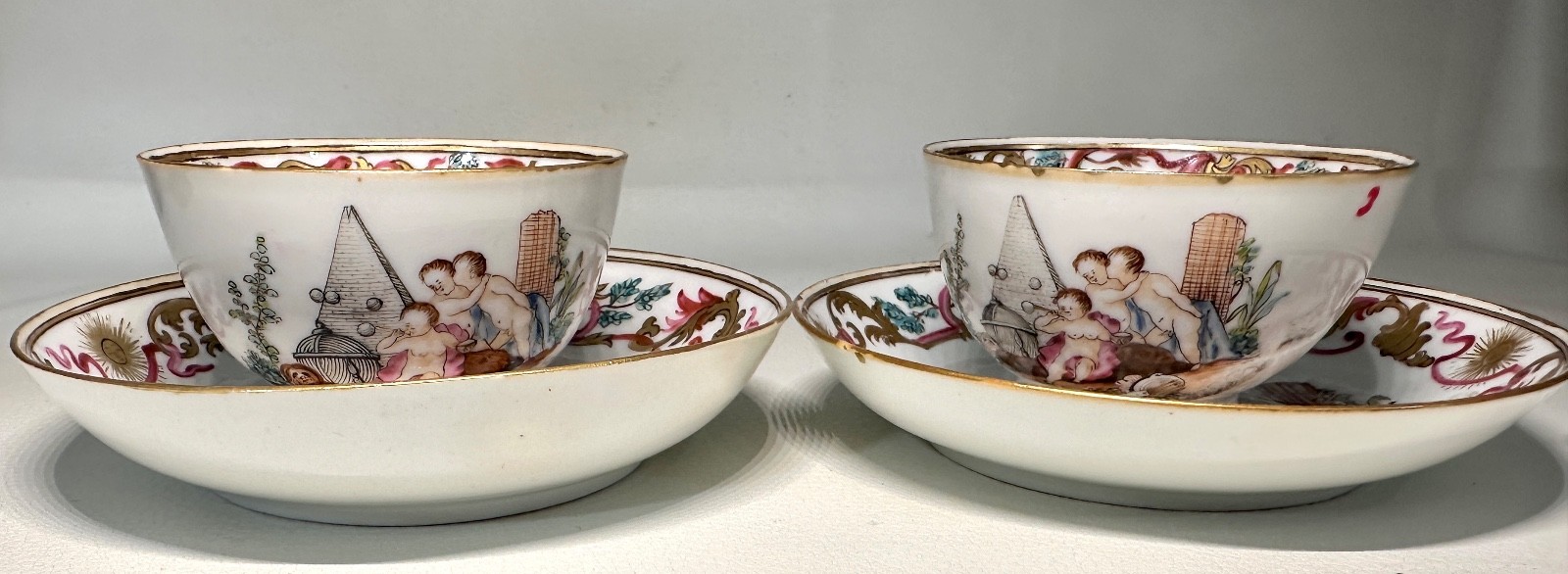 Pr 18th C Chinese Export Porcelain Famille Rose Cup Saucer Cherubs Dog Pyramid