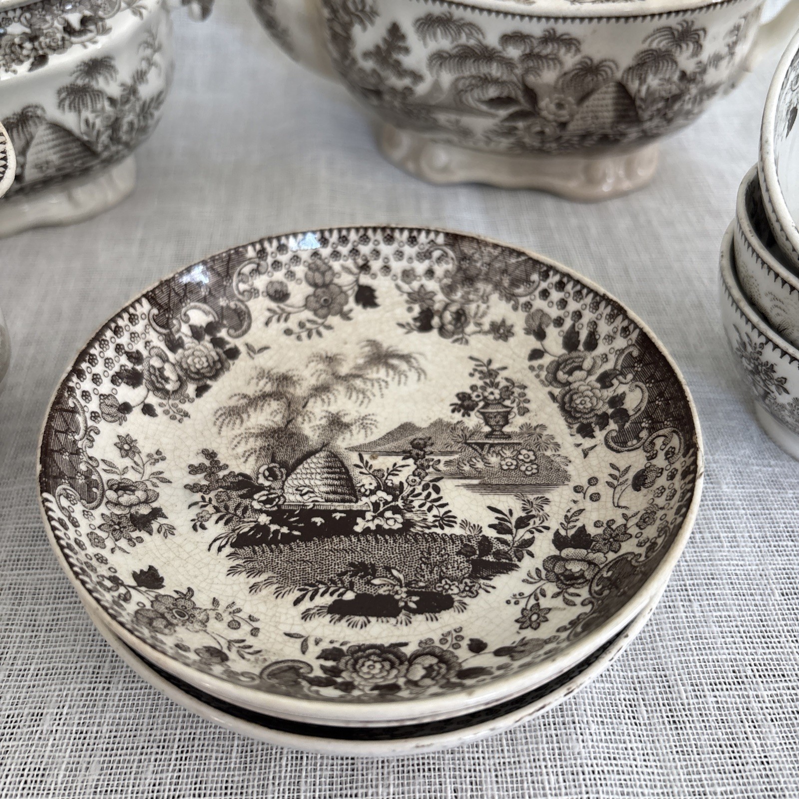 Antique 19thC Brown Transferware Child’s Tea Set Beehive Pattern 9 pc. England