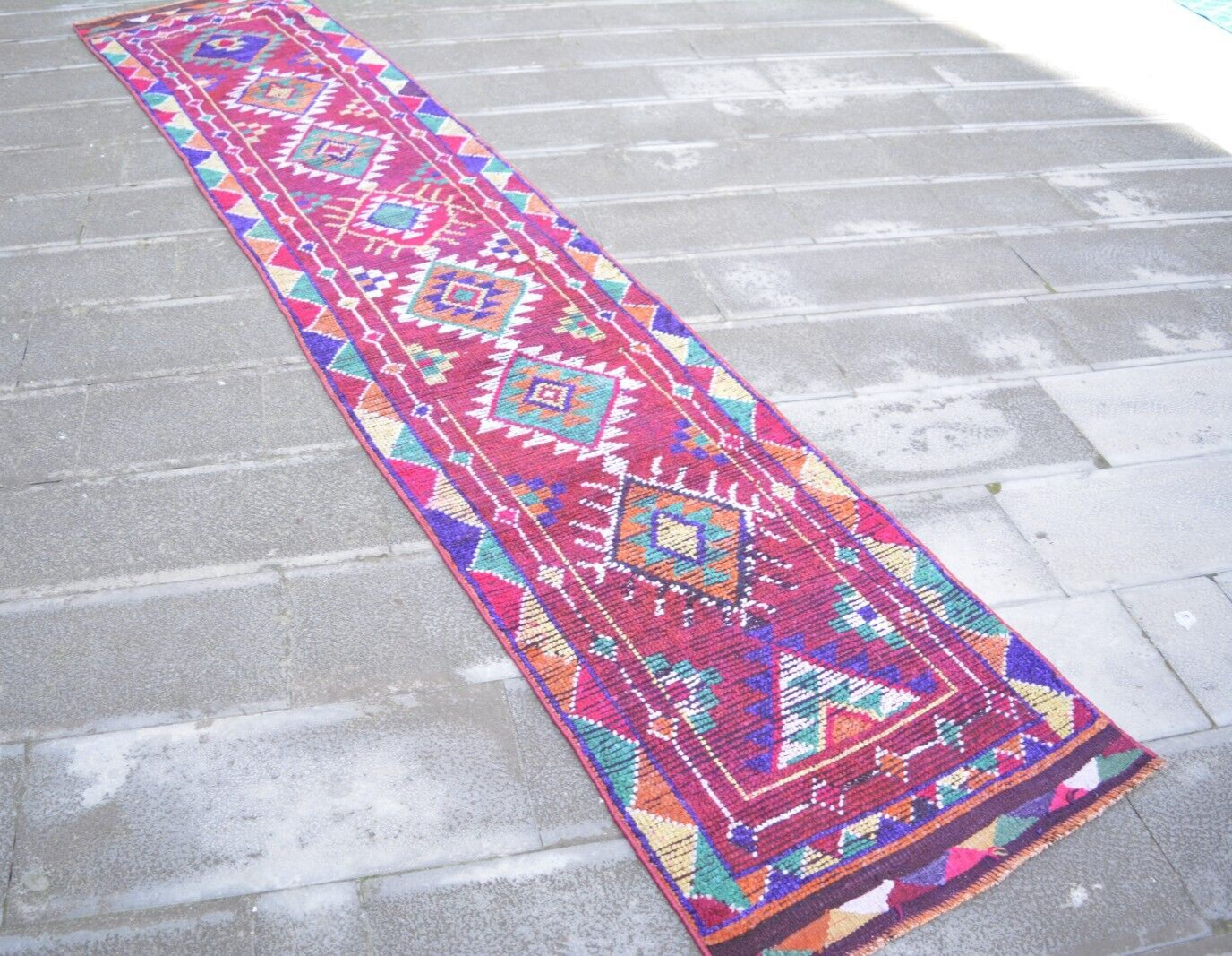 Ethnic Herki Handmade Runner, 2.7×12.8ft, Turkish Geometric Pink Entryway Runner
