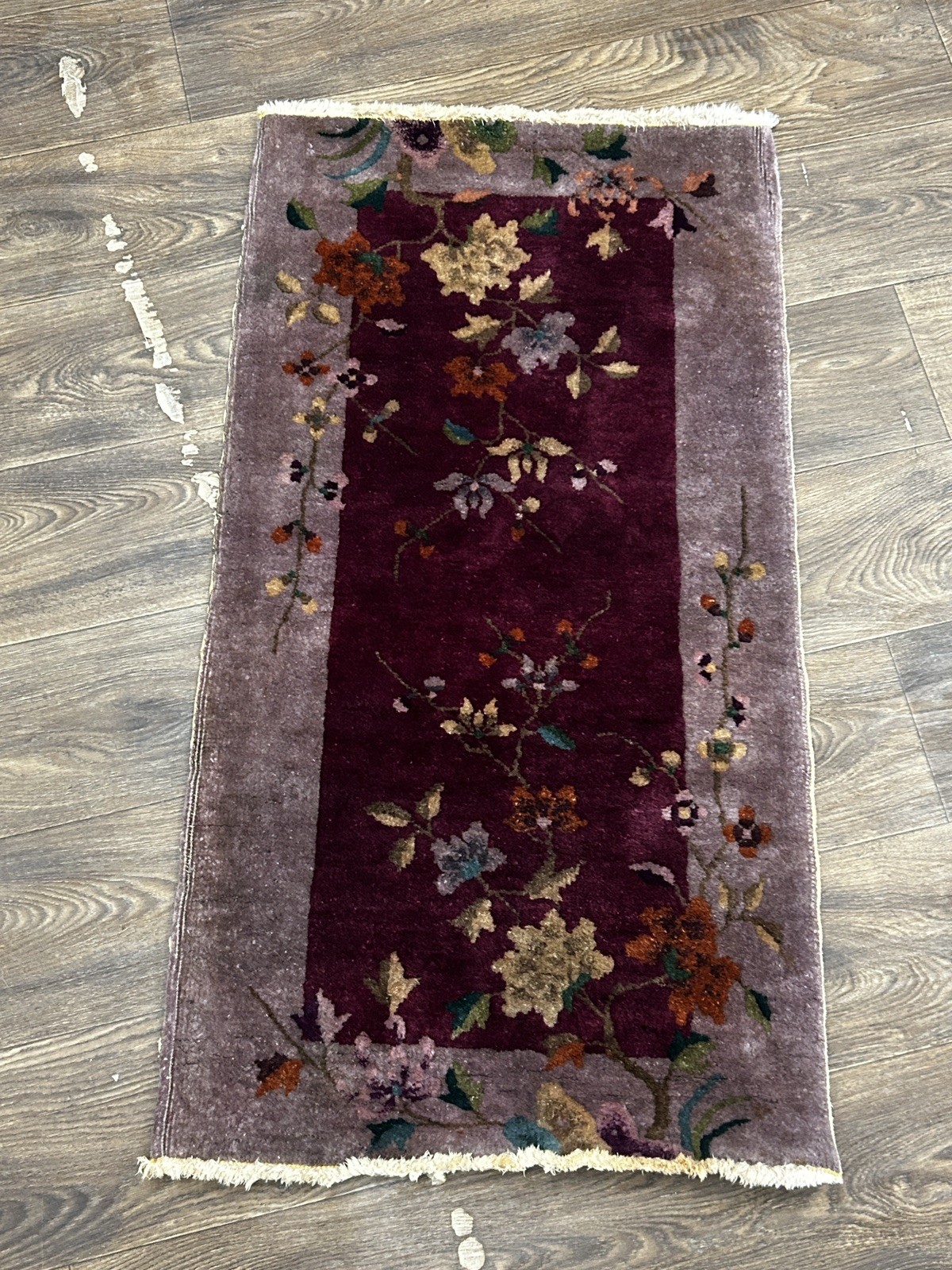 Antique art deco Hand Made Chinese Purple 2X3”10 ft 100% wool Cotton Foundation