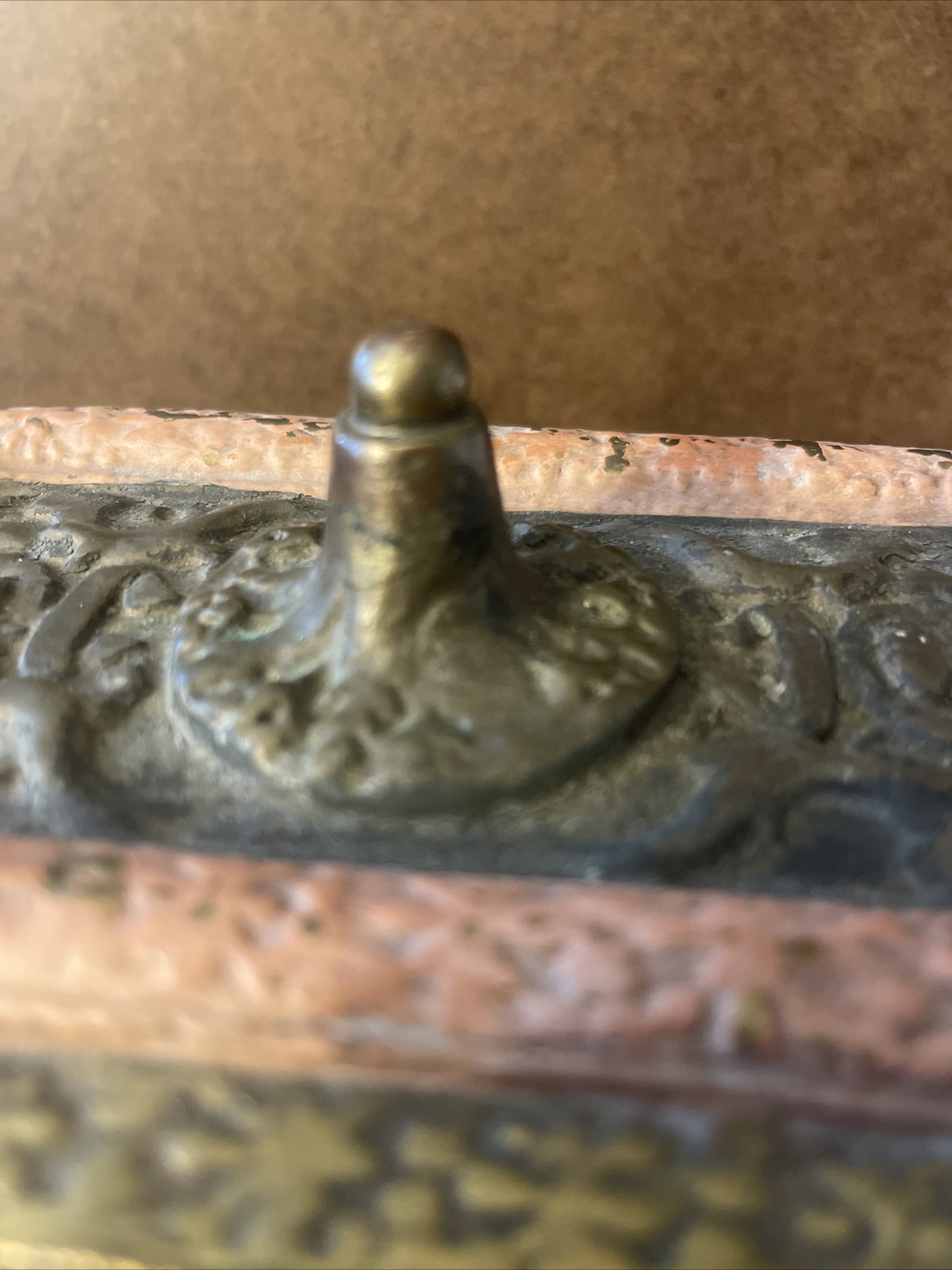 Antique Copper Embossed Relief Scene Lined Trinket Dresser Storage Box