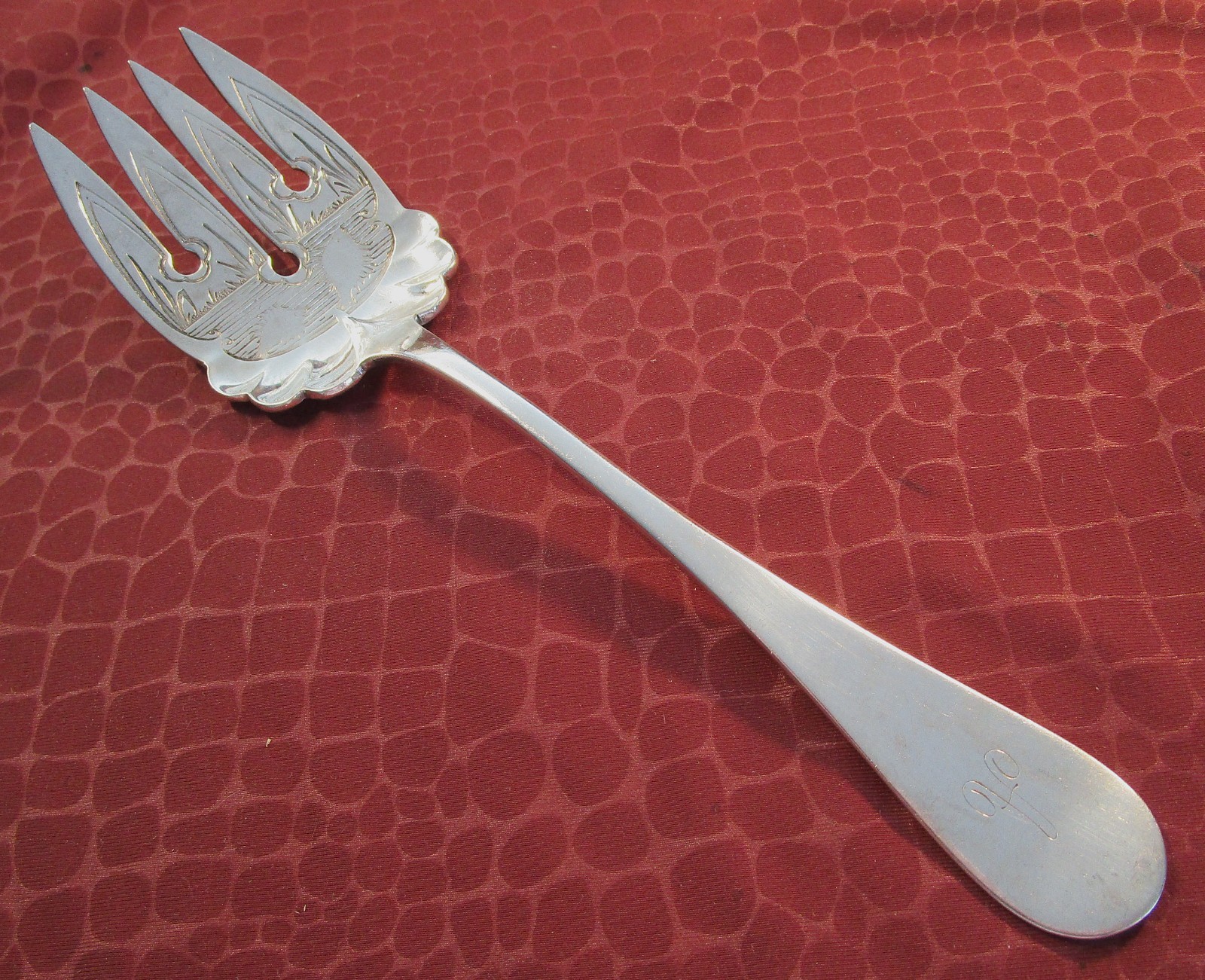 PLAIN 1860 Early Silverplate Serving Fork Engraved Fish in a Pond A Monogram bw