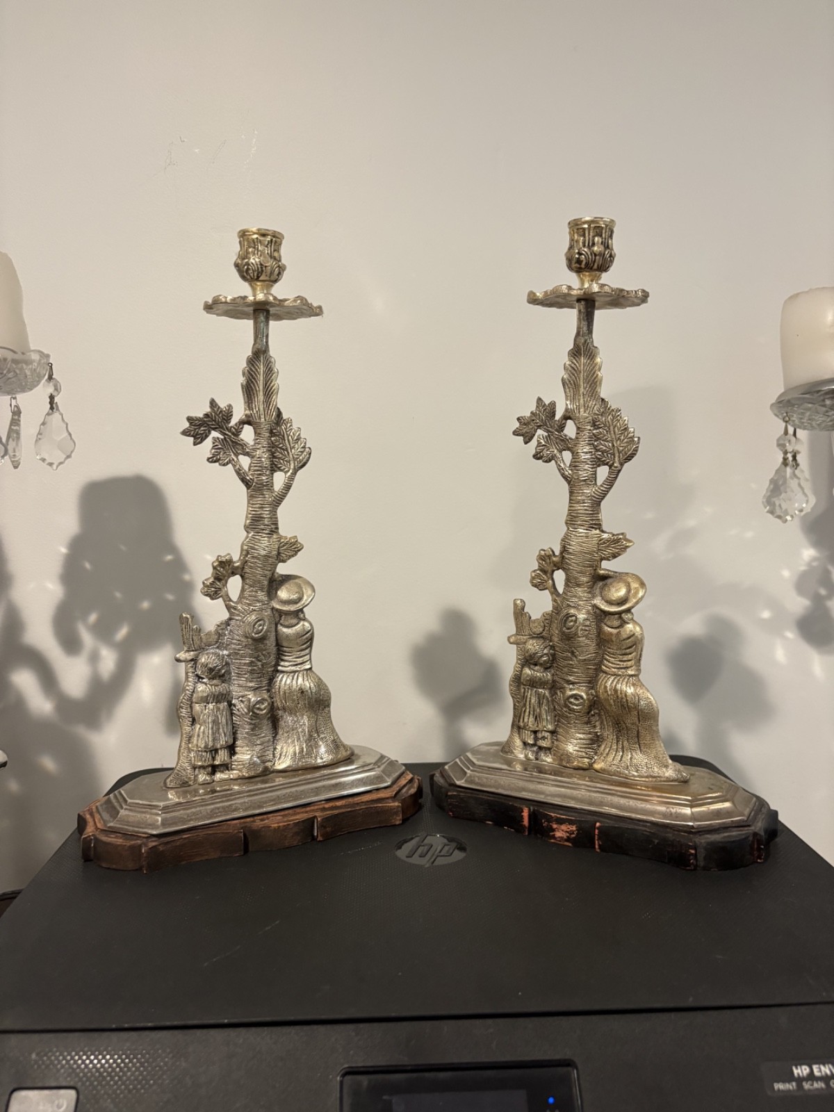 Candlestick candle Holder Metal & Wood base Mother Child tree SP C.2000