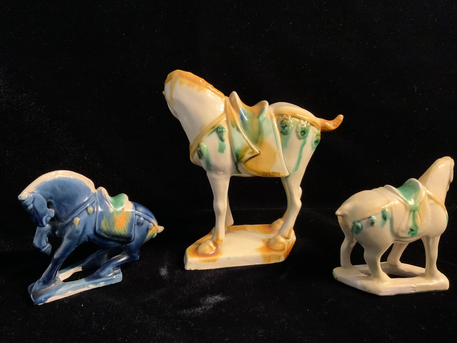 Chinese Tang Dynasty Drip Style Glaze Ceramic Horse Figurines Set of 3 Vintage