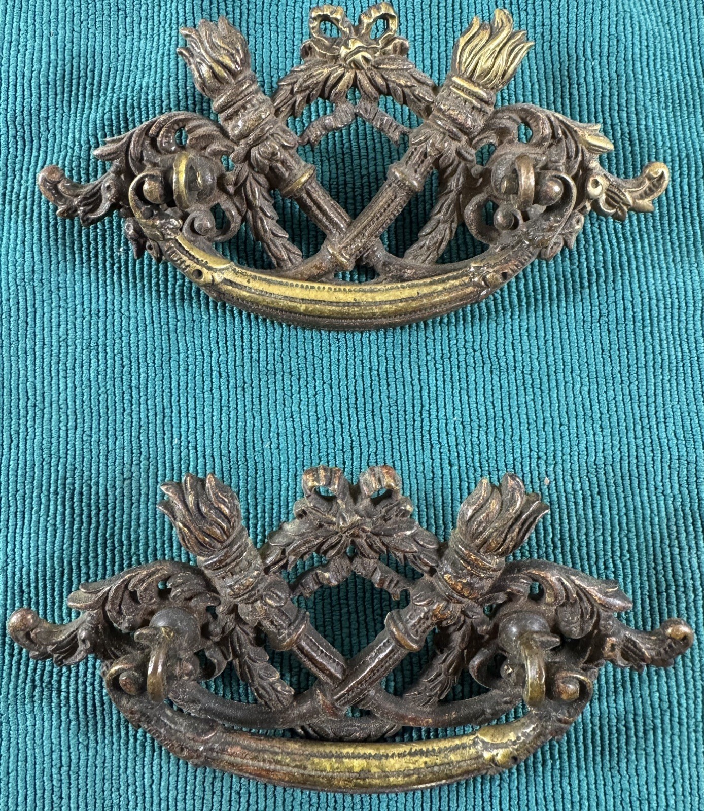 Antique Victorian Neoclassical Cast Brass Drawer Pulls Pair Torch Swag Hardware