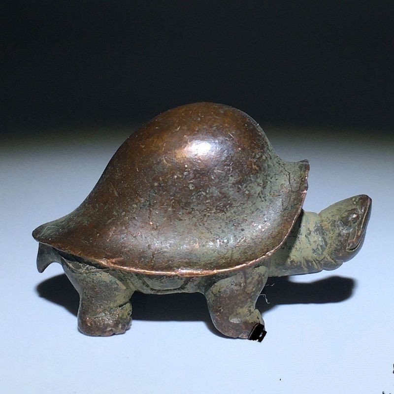 1.6″ Retro China Old Alloy Metal Tortoise Mini Statue Tea Pet Table Ornament