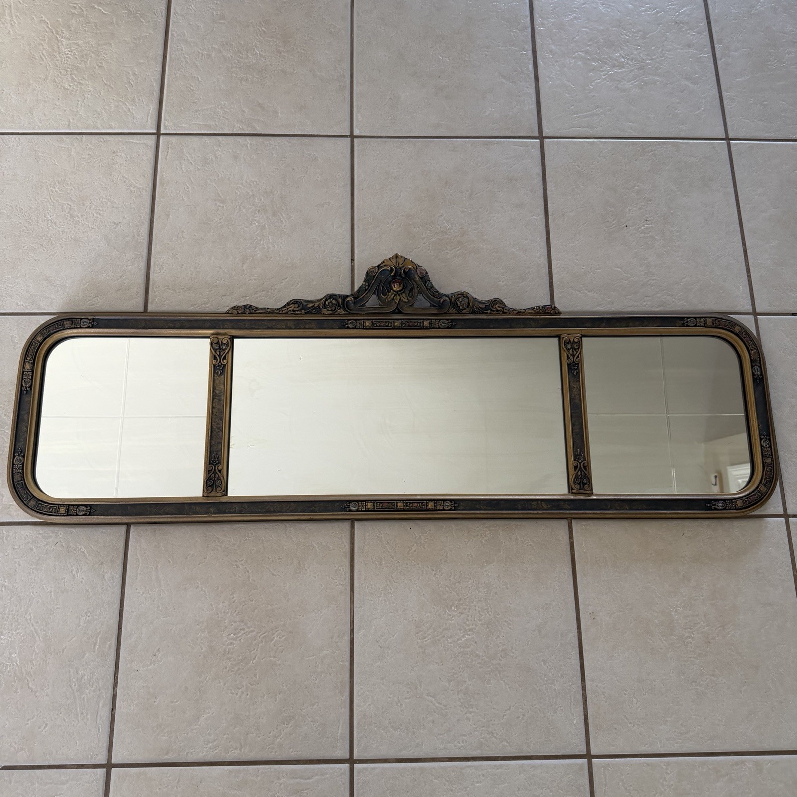 Antique 3 Panel Bevel Glass Buffet Mantle Mirror French Wood Frame Floral Carved