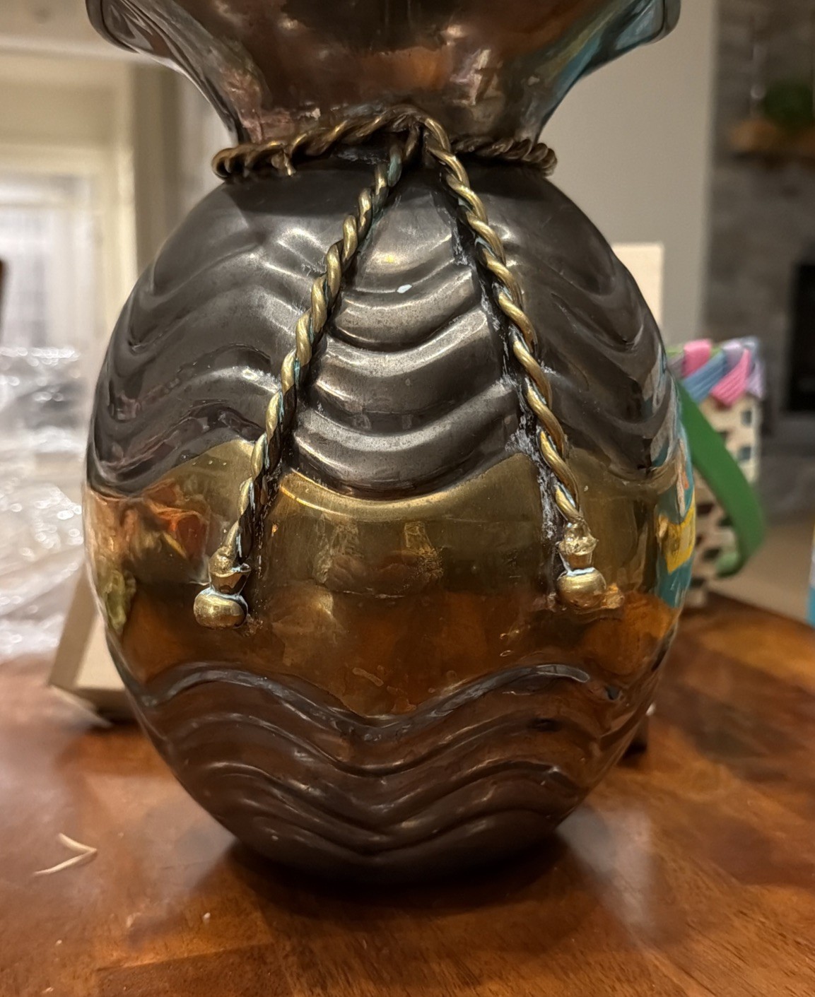 Antique Solid Brass Spittoon Vase w Brass Rope Adornment India