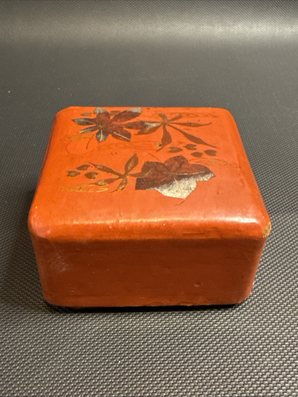 Antique Japanese Jewelry Sewing Ring Box Red Lacquer Ware Small Floral
