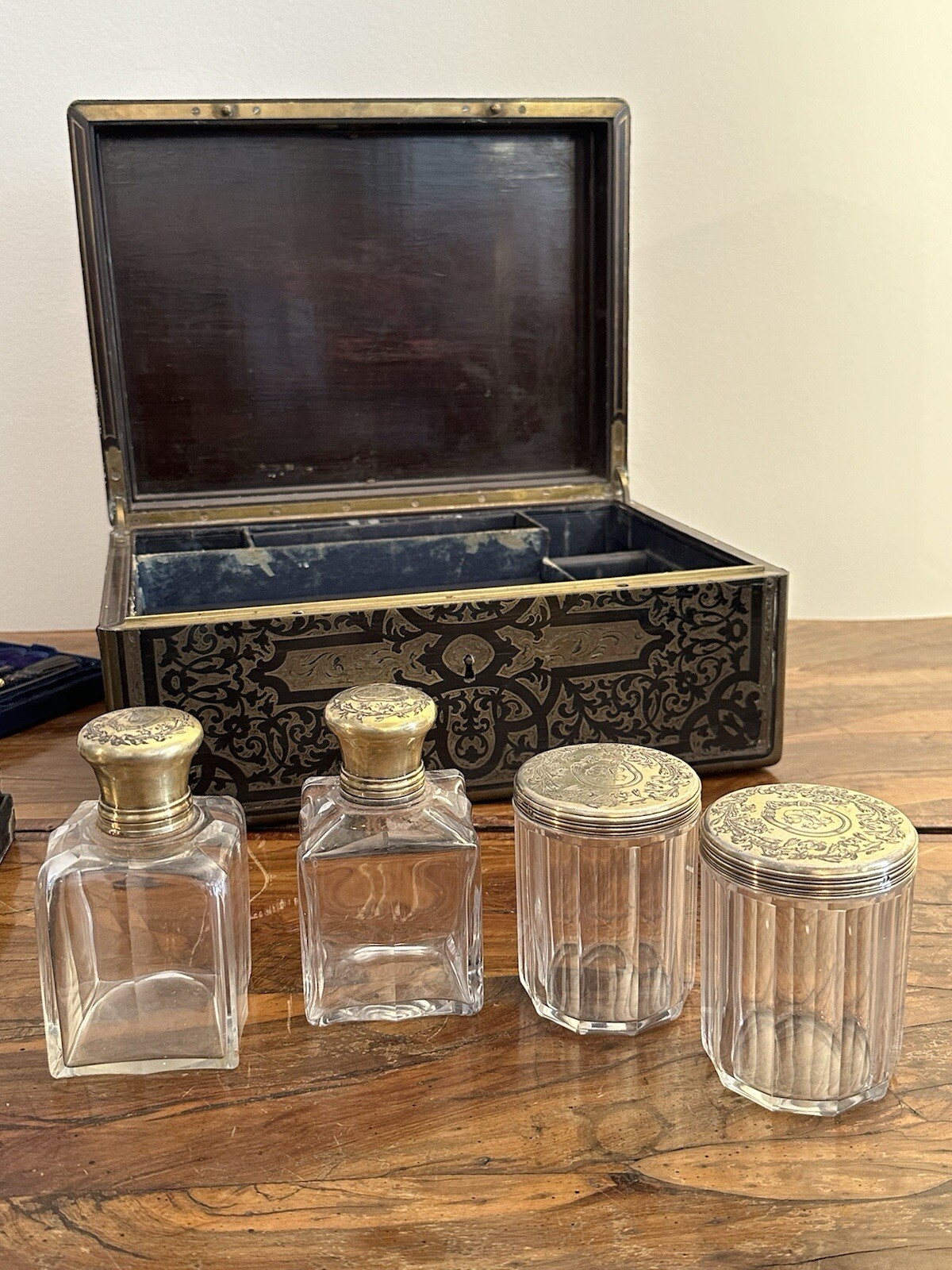 Antique 19th Century French Toilet Box with Silver Pieces