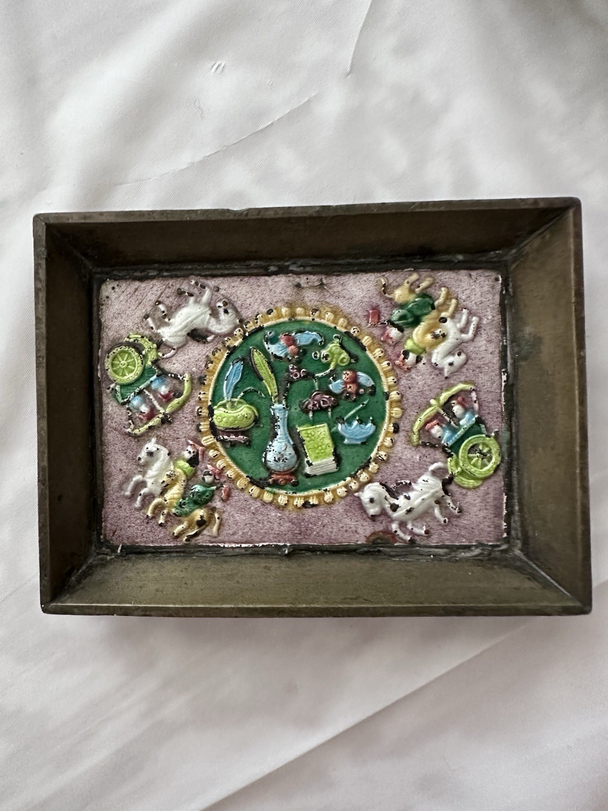 Antique Chinese Export Repousse Enamel Brass Cigarette Box Tray Set Wood Lined