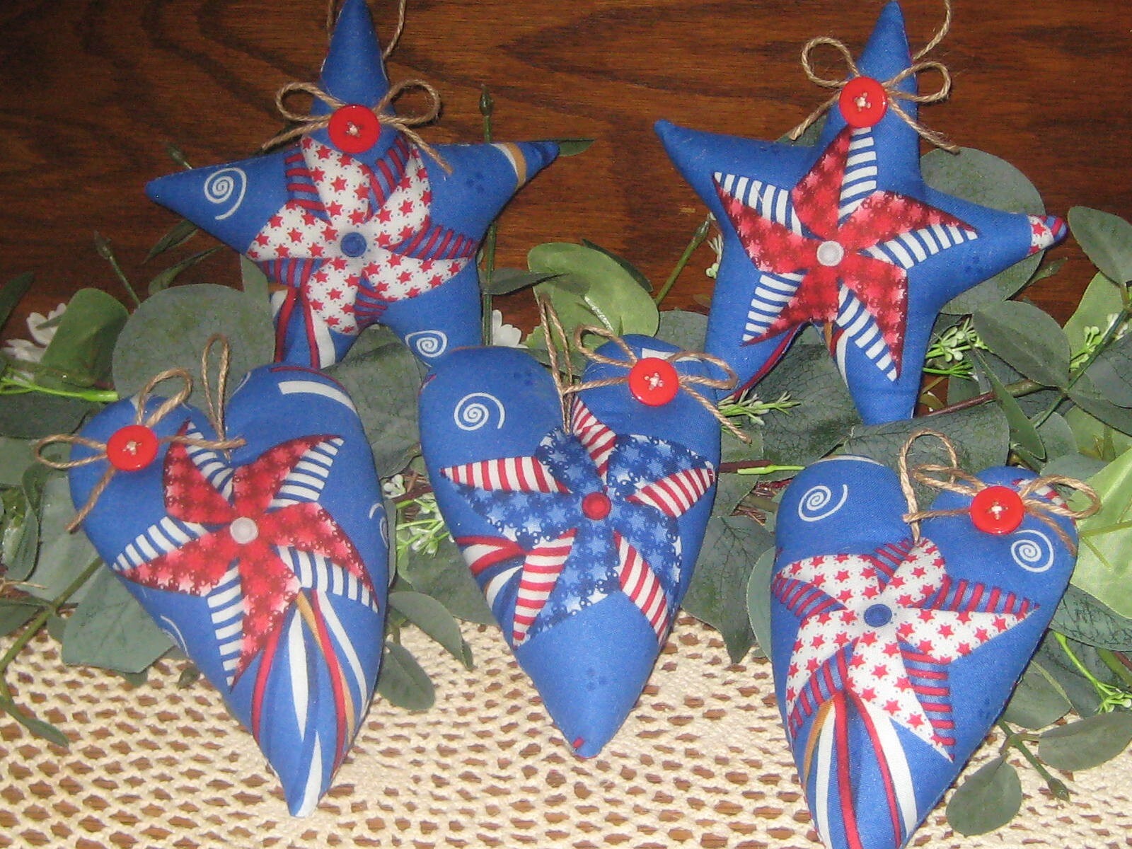Patriotic Decor 3 Hearts 2 Stars Ornaments Pinwheels Wreath Accents Handmade