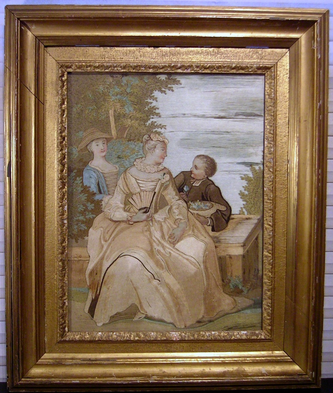 Early 19th c English Silk and Painting Embroidery in Original Gilt Frame