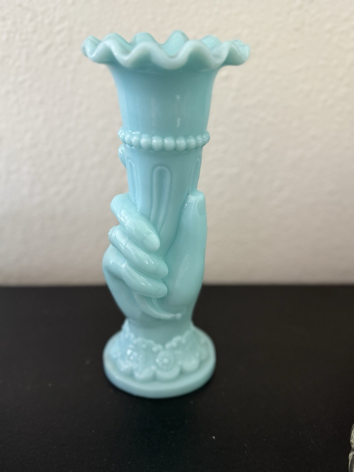 ANTIQUE OPALINE GLASS HAND VASE Blue milk glass cornucopia 9”