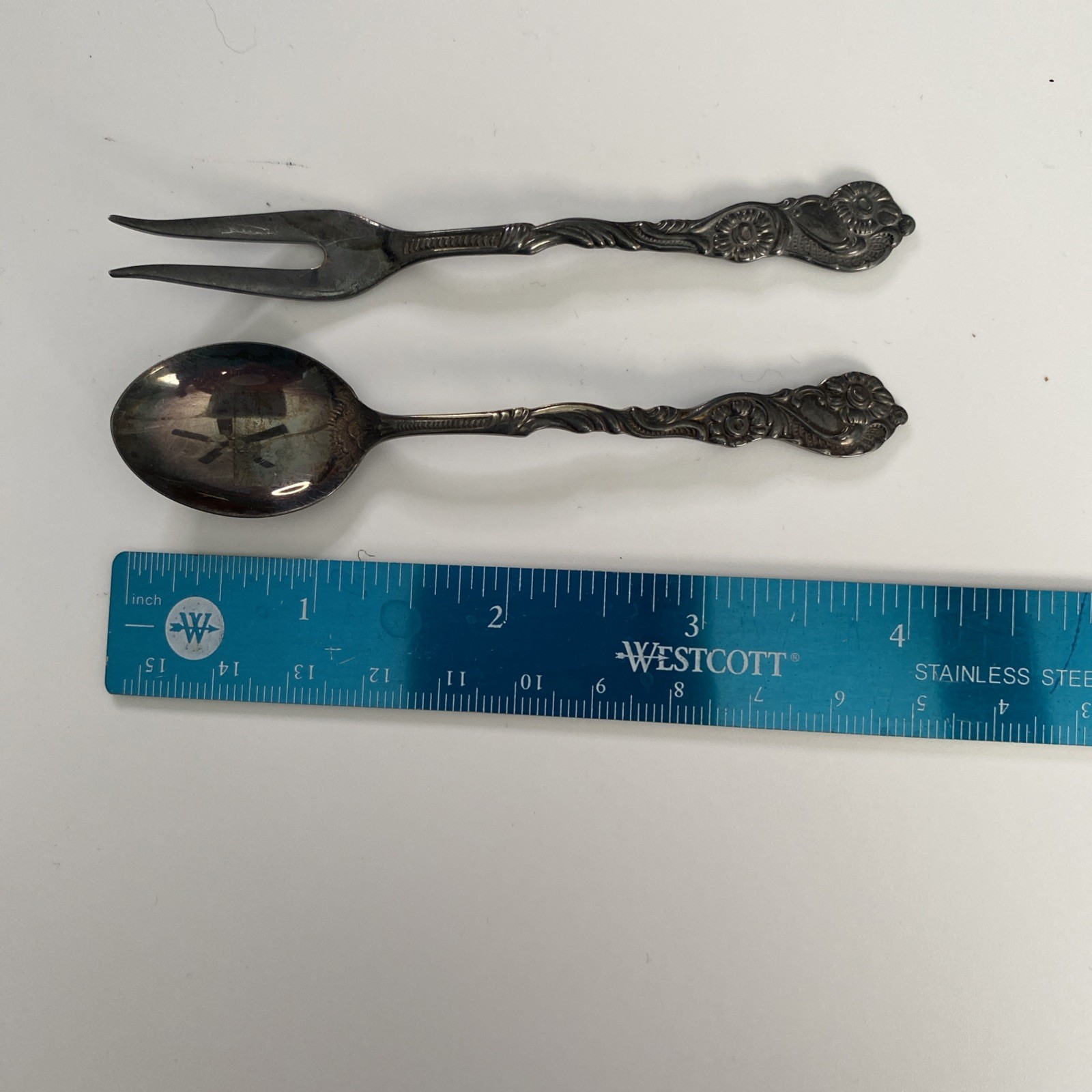 Vintage PR NS ALP Alpaca Nickel Silver Serving Spoon & Pickle Fork Ornate Floral