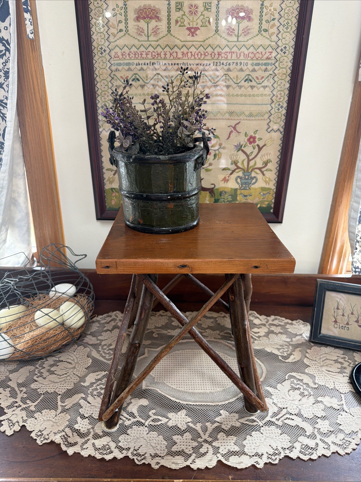 Rustic Adirondack Twig Plant Stand Side Table Primitive Folk Art Cabin Decor 12”