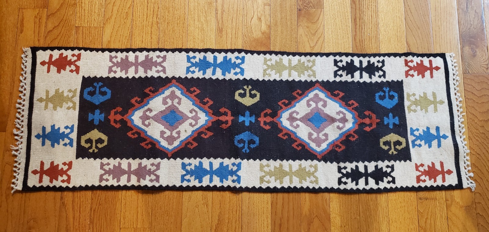 Vintage Handmade Flat Weave Turkish Anatolian Kilim Rug Geometric 4.25′ x 1.3′