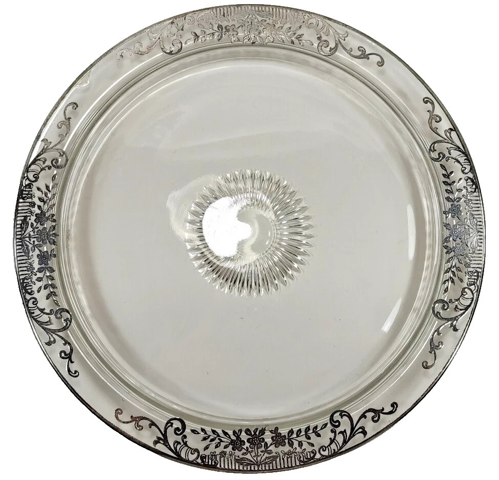 Vintage Sterling Silver Overlay Glass Crystal Serving Platter Tray Starburst